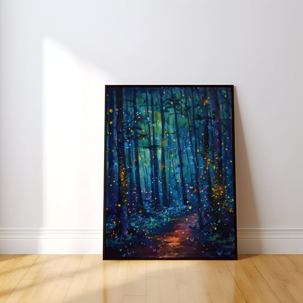 Enchanted Forest Wall Art: Glowing Fireflies, Night Path