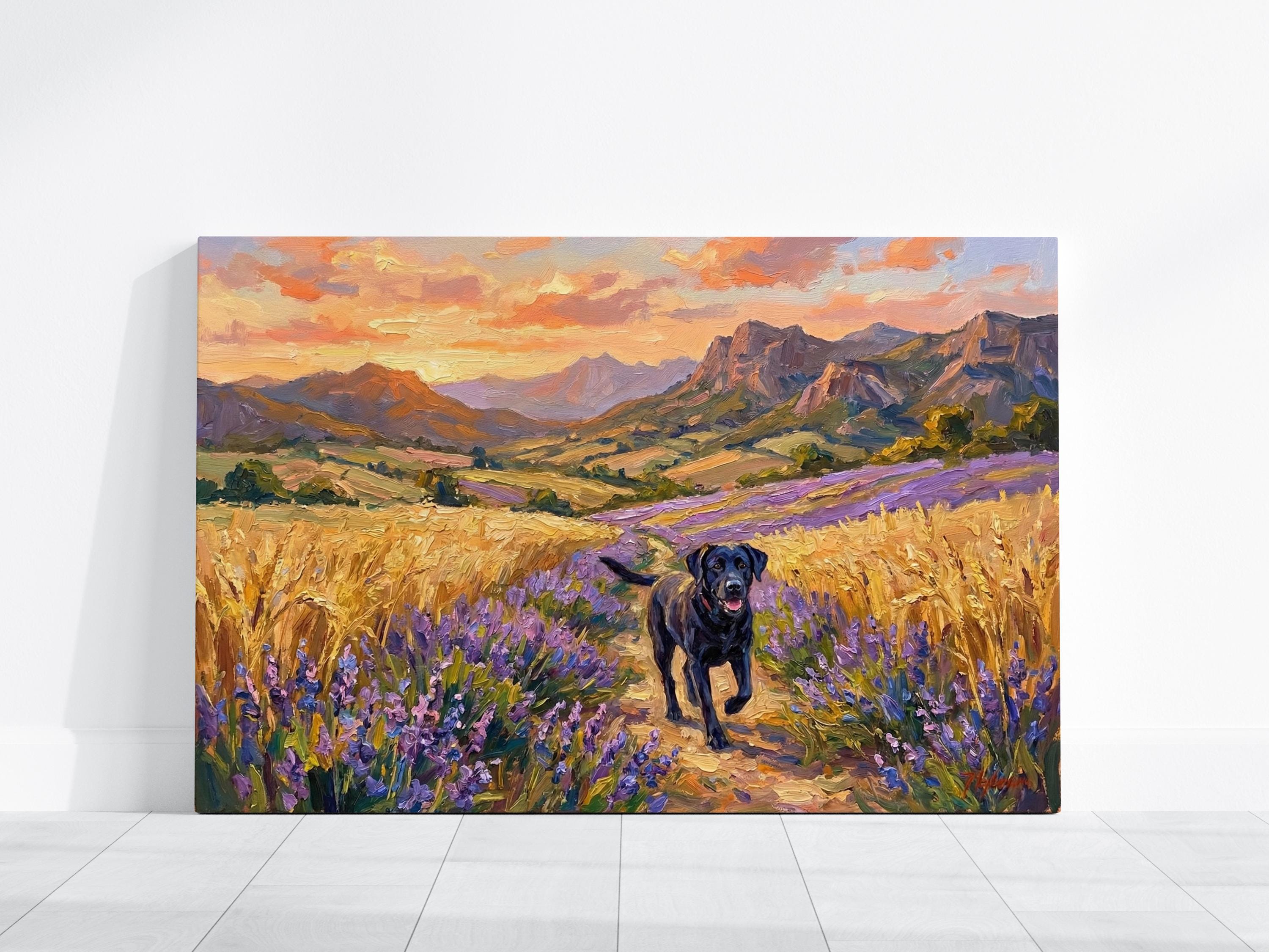 Black Labrador Canvas Art, Lavender & Wheat Field Landscape (Ready to Hang)