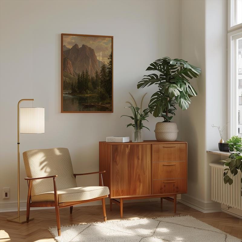 Vintage Mountain Lake Art: Rustic Cabin Landscape in Warm Earth Tones