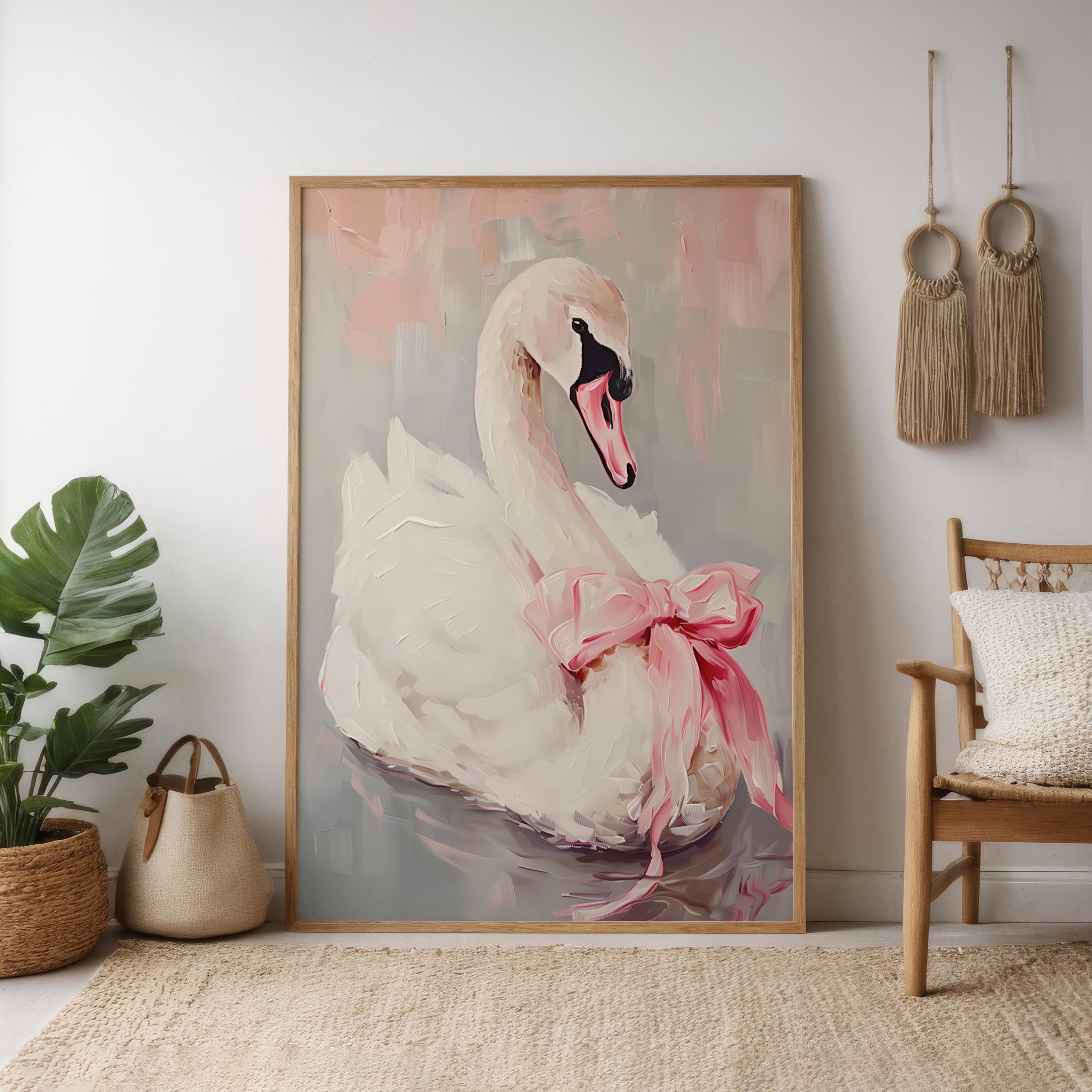 Ballerina Swan Art Print: Elegant Pink Bow, Soft Pastel Wall Decor