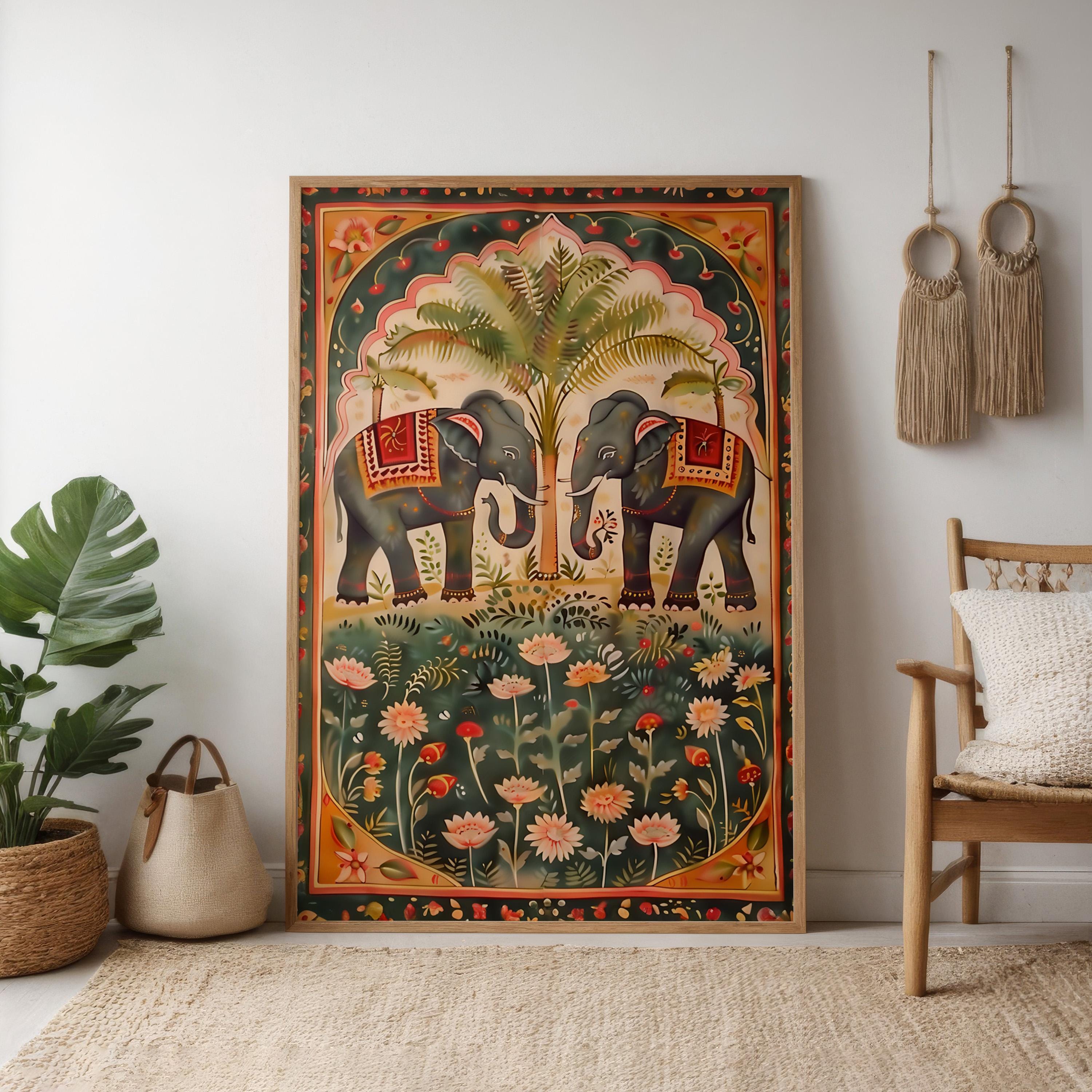 Pichwai Elephant & Lotus Art: Traditional Indian Floral Canvas | Vintage Cultural Wall Decor