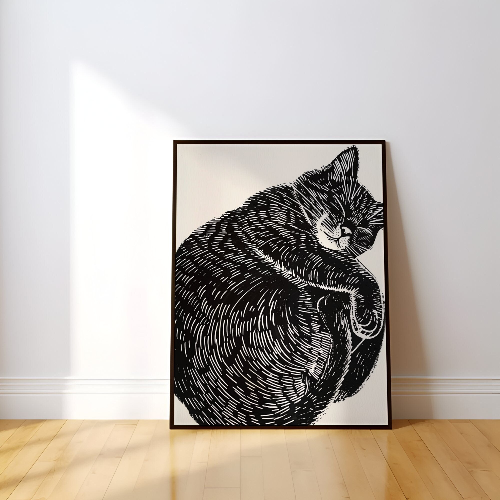 Peaceful Cat Nap: Whimsical Linocut Art Print | Cozy & Serene Wall Decor for Cat Lovers