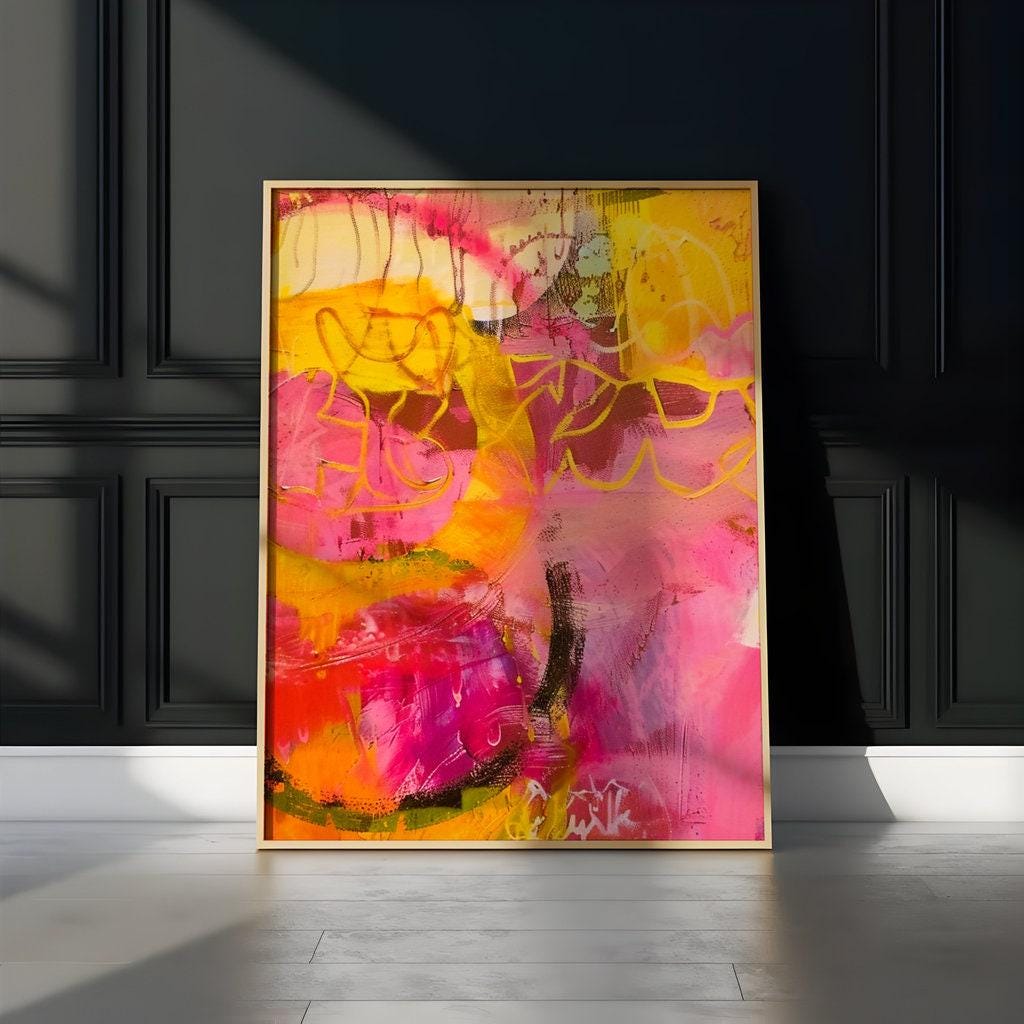 Modern Abstract Painting, Pink and Yellow Bold Brushstrokes (Canvas Print)