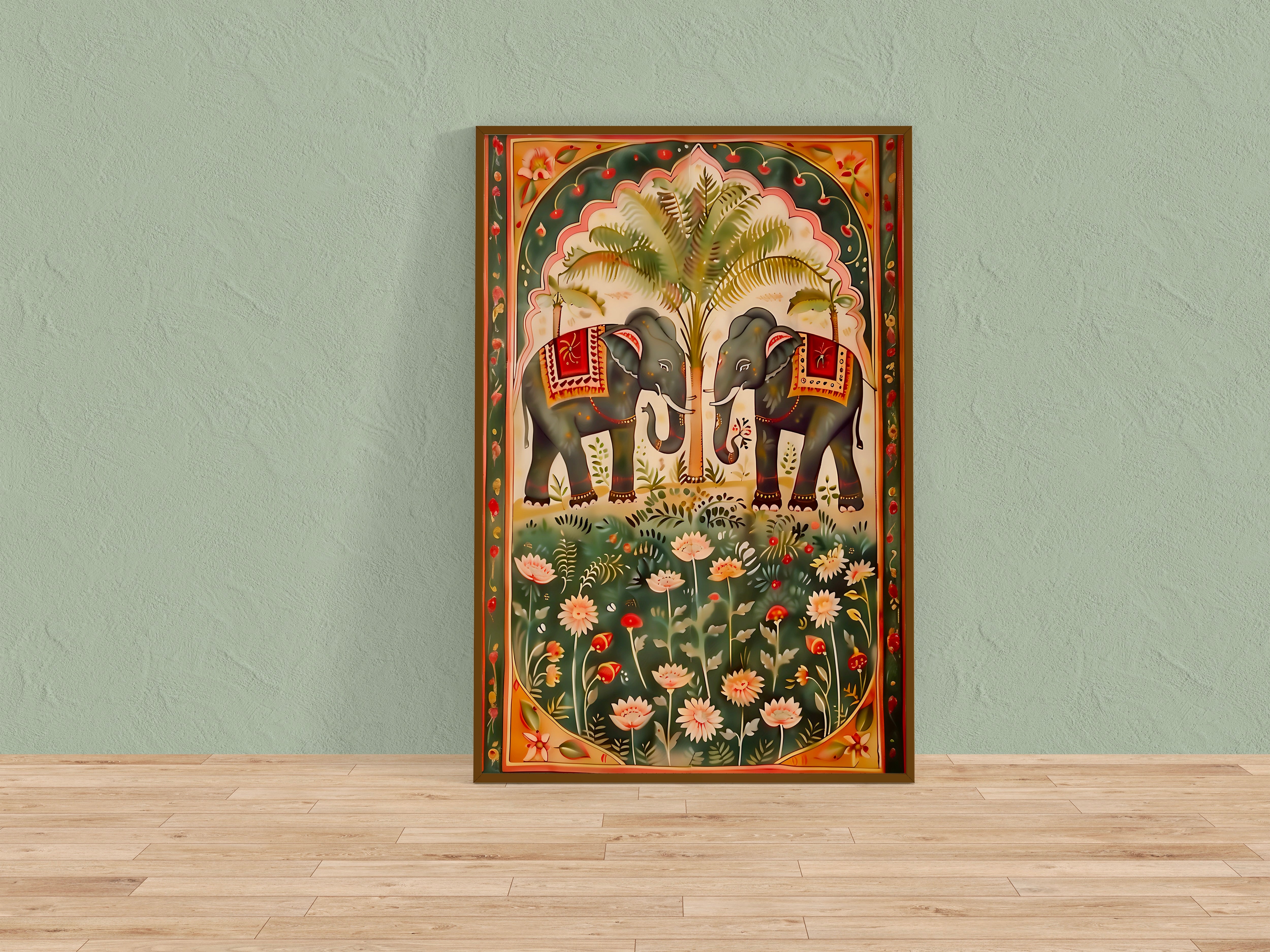 Pichwai Elephant & Lotus Art: Traditional Indian Floral Canvas | Vintage Cultural Wall Decor