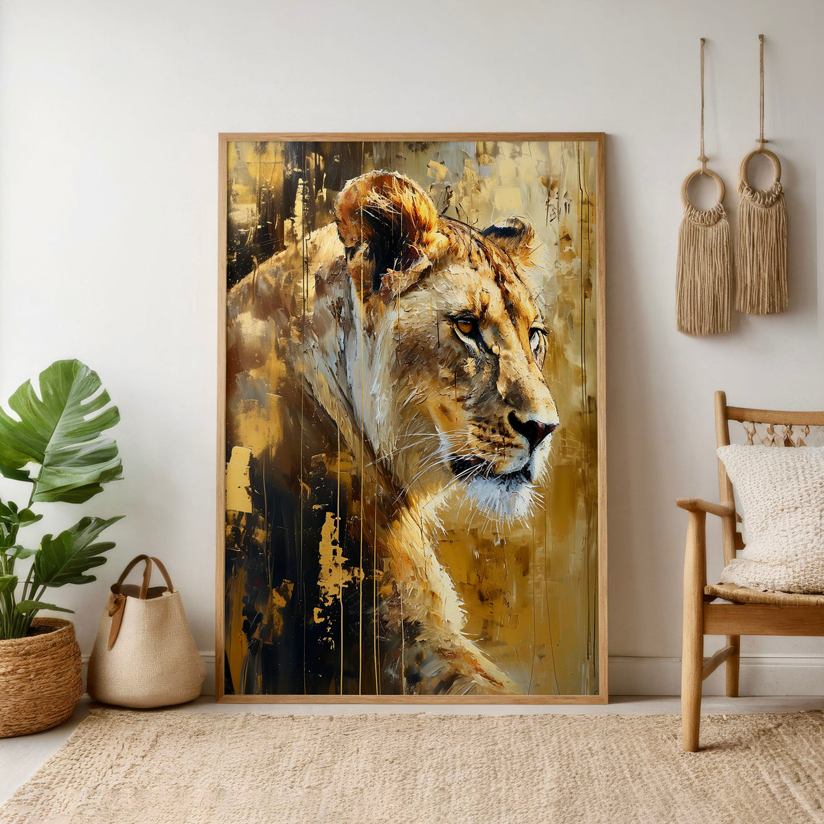 Lioness Wall Art – Modern Abstract Gold White Art | Feminine Power Canvas Print — Digital Download