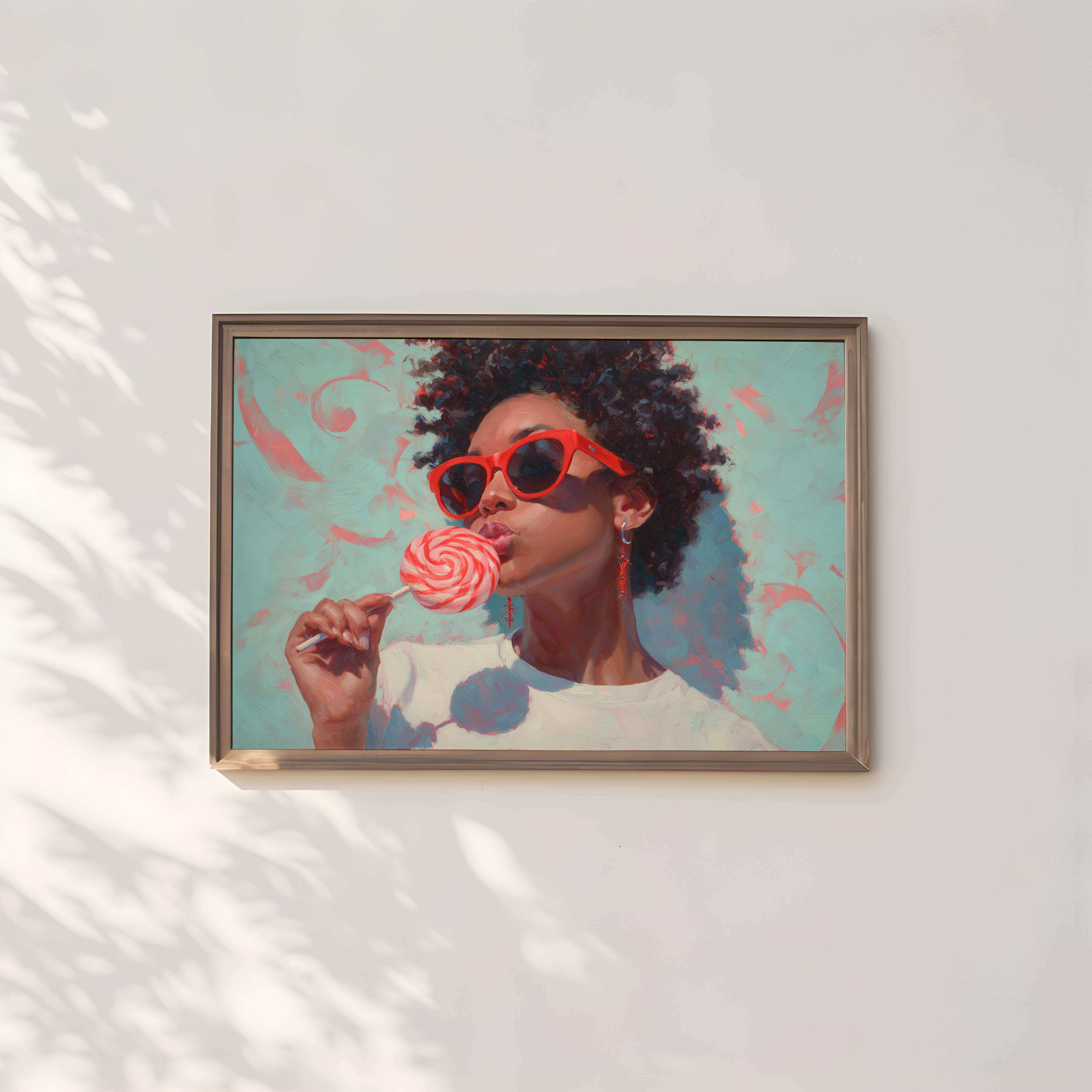 Retro Black Woman Wall Art – Red Lollipop Portrait | Afro Oil Painting Canvas
