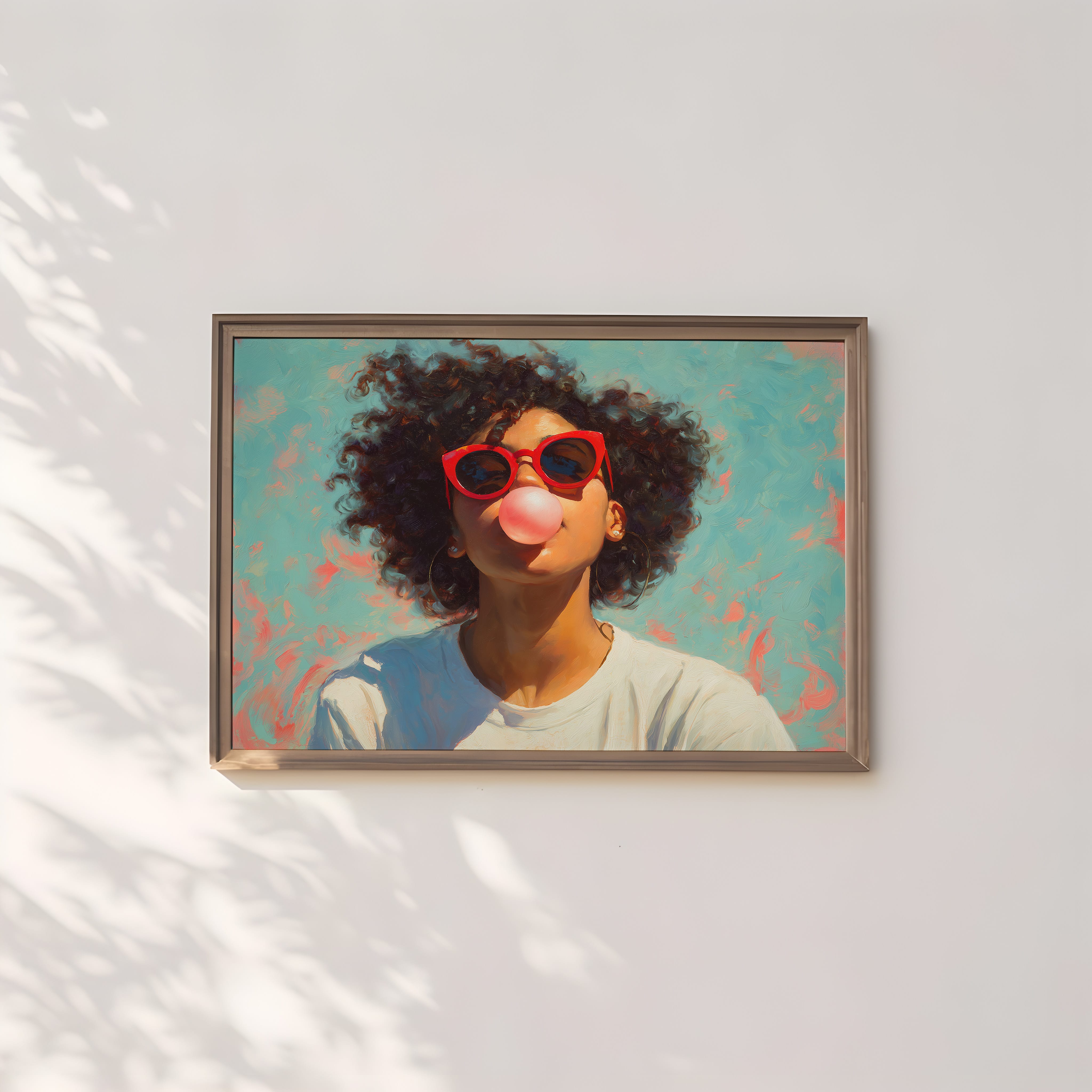 Retro Afro Portrait Print - Black Woman Bubble Gum Art | Red Cat Eye Sunglasses