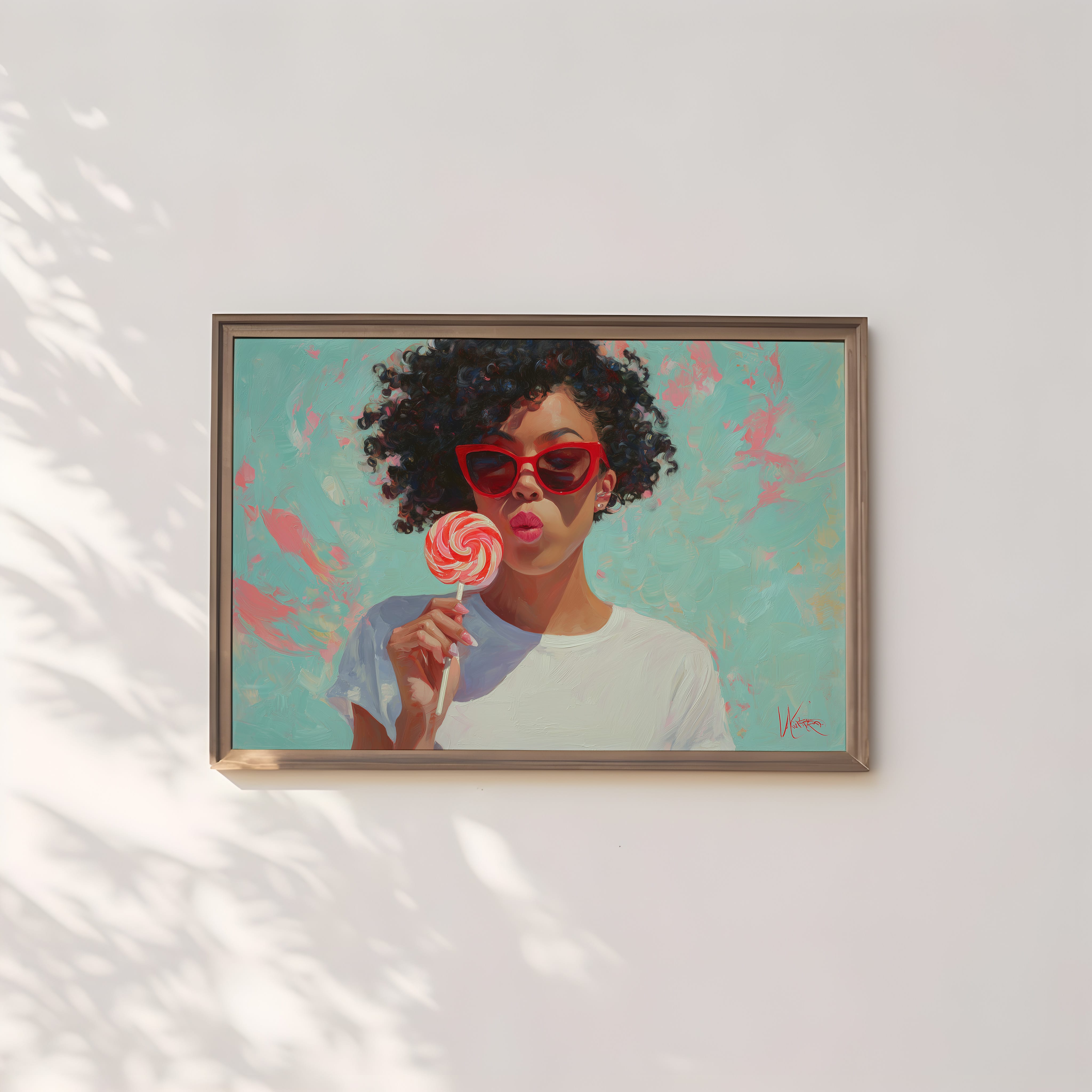 Retro Black Woman Wall Art - Afro Oil Painting | Red Lollipop Portrait | Playful Kitchen Decor