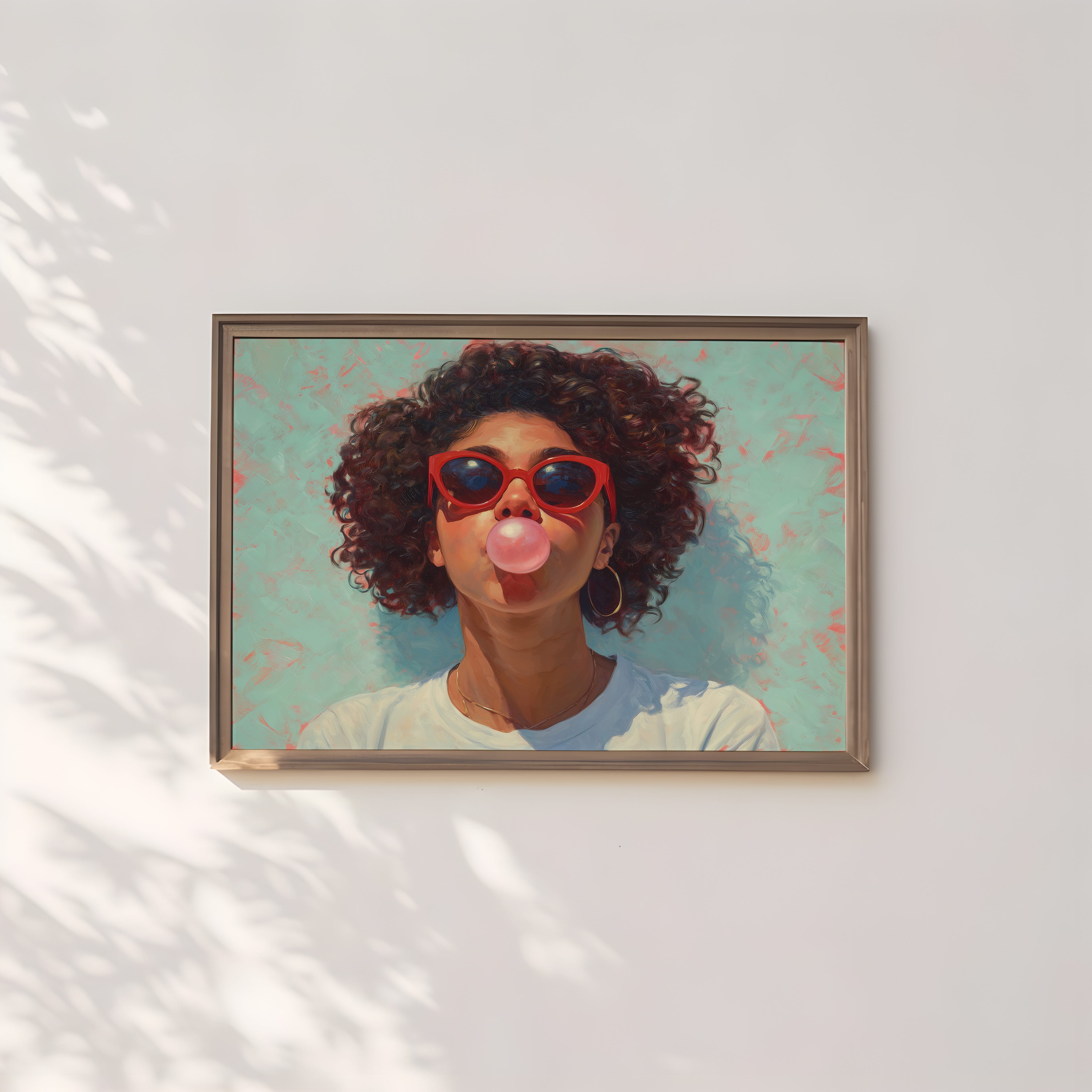 Retro Afro Portrait - Black Woman Bubble Gum Art | Red Cat Eye Sunglasses | Teal Kitchen Wall Decor
