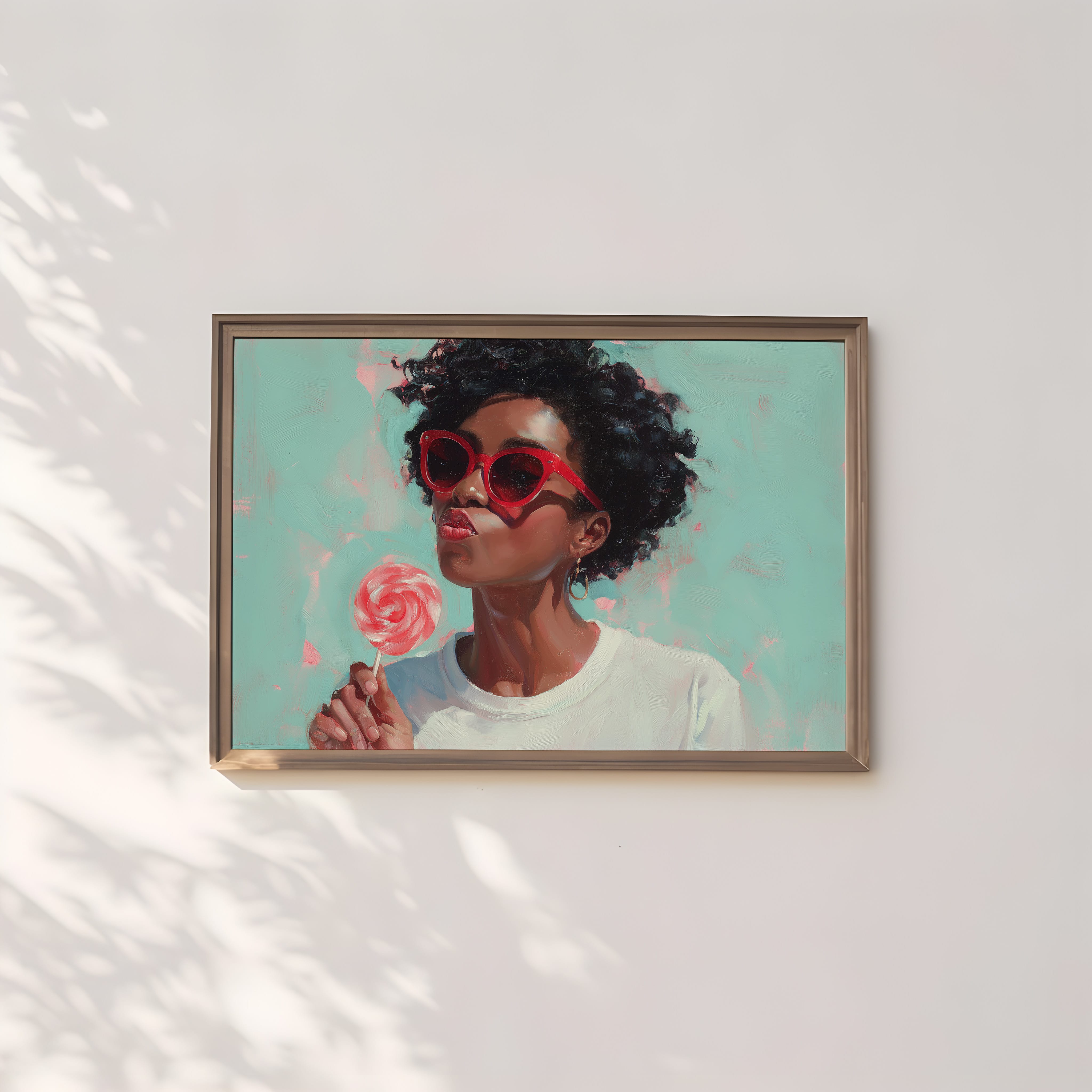 Retro Black Woman Wall Art – Red Lollipop Portrait | Afro Oil Painting | Playful Kitchen Decor