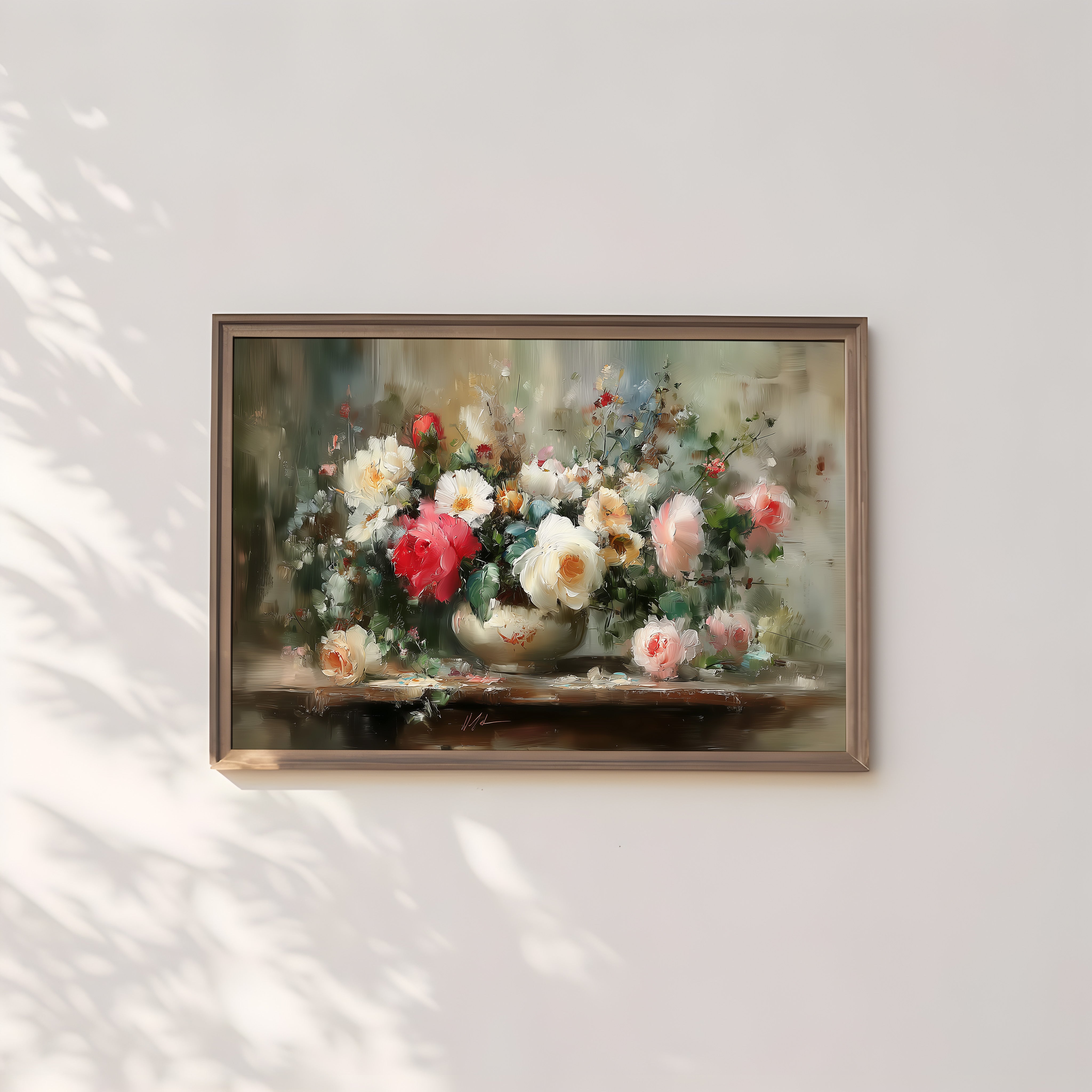 Vintage Floral Wall Art – Heirloom Roses & Peonies Oil Painting | Rustic Farmhouse Decor