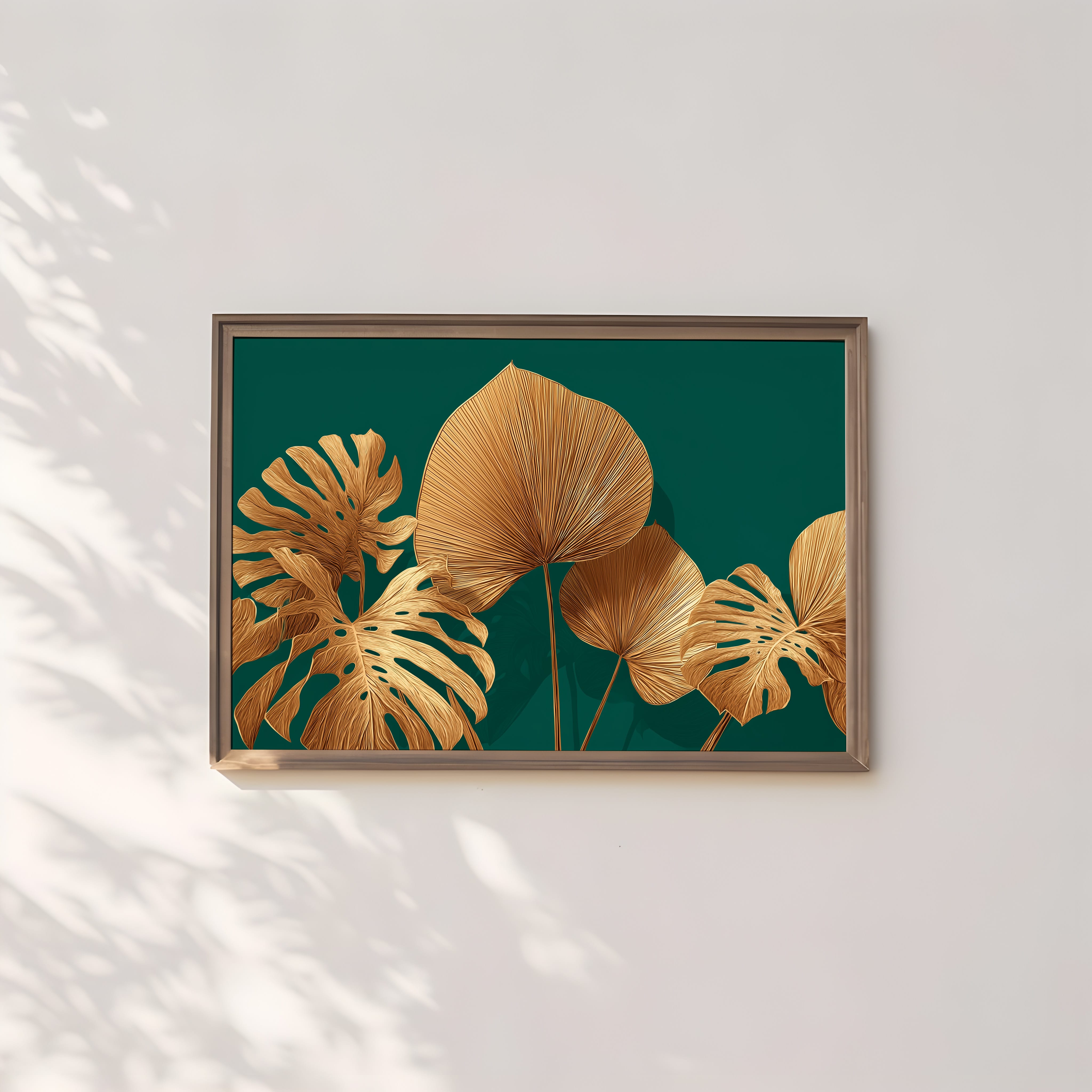 Gold Monstera Print - Emerald Green Wall Art | Luxurious Tropical Decor Poster