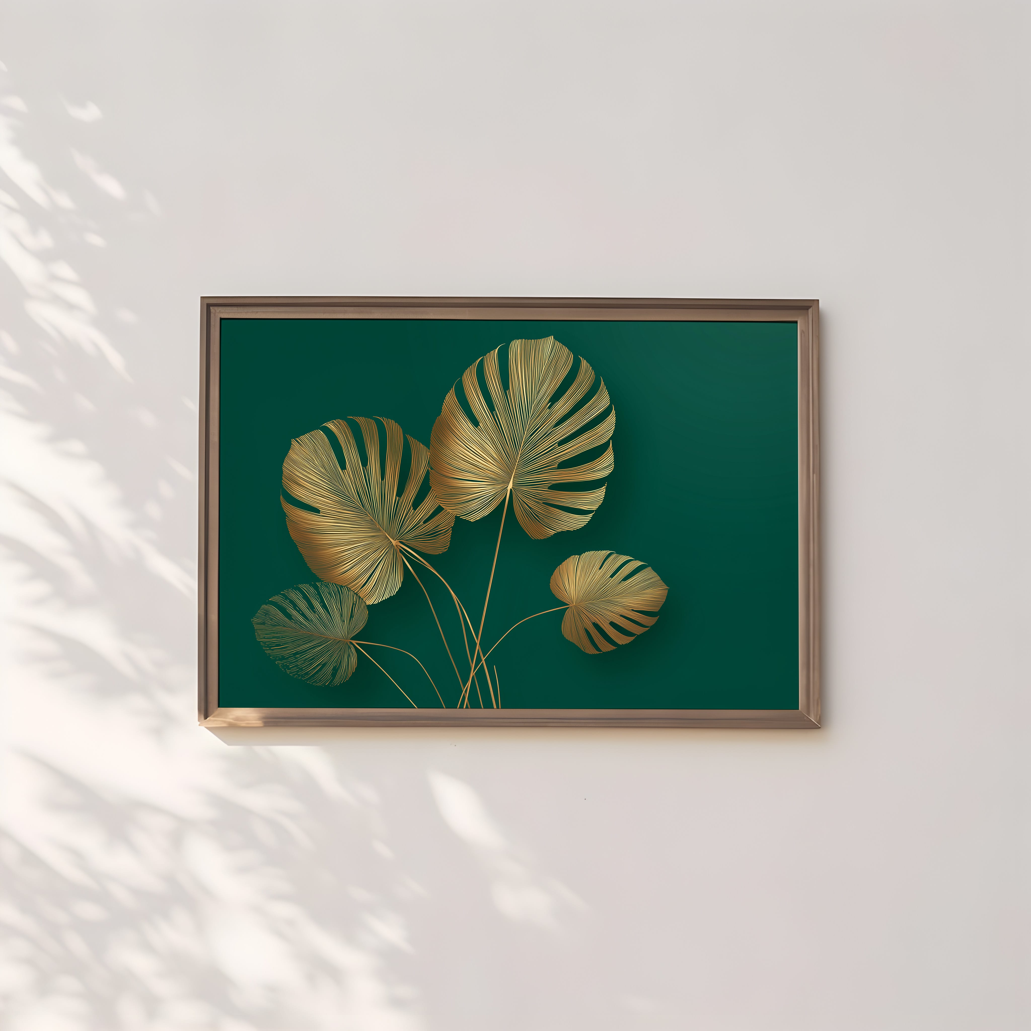 Gold Monstera Wall Art – Oversized Leaf Poster | Emerald Green Decor | Metallic Gold Foil Leaf Print