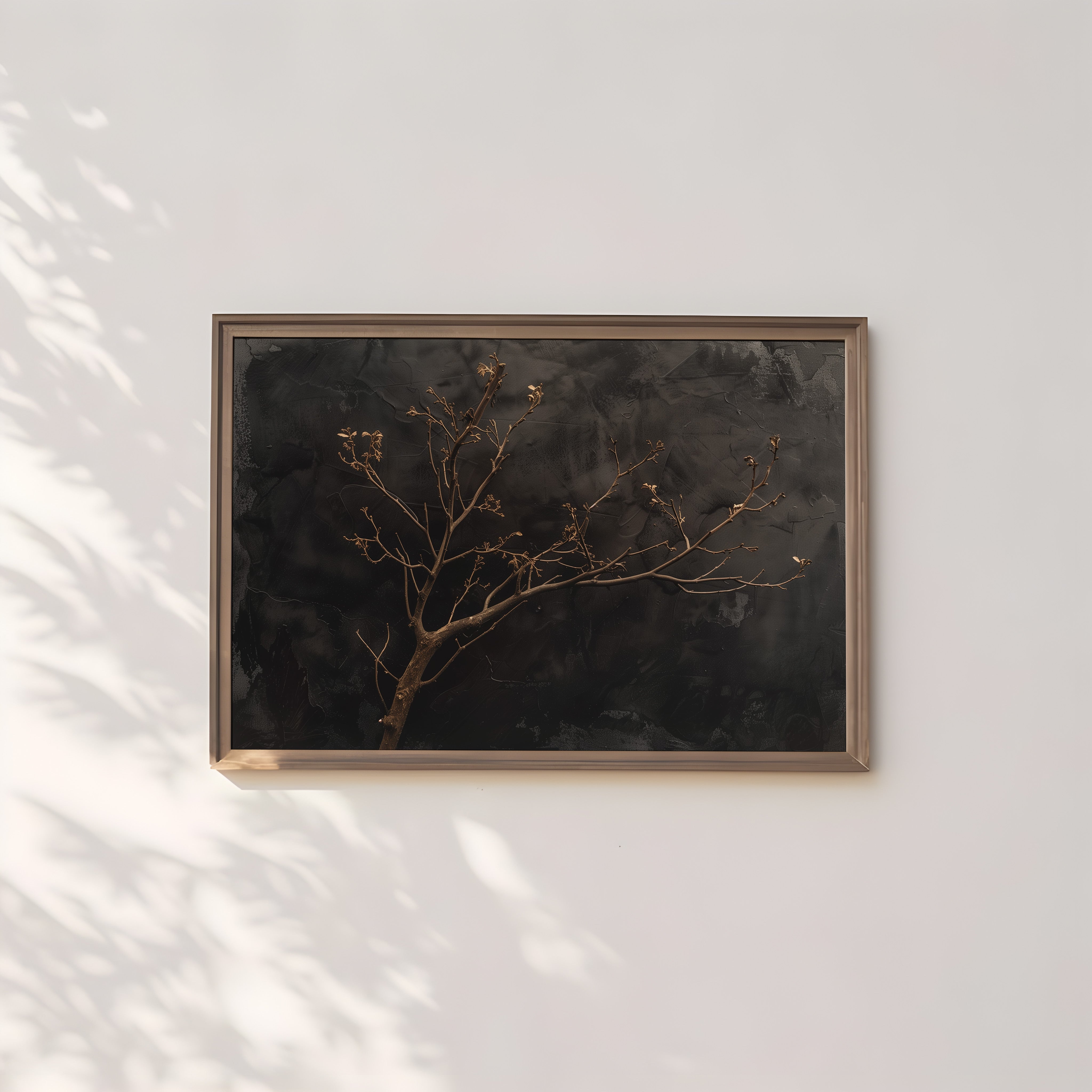 Minimalist Gnarled Branch Painting – Dark Moody Wall Art | Charcoal Sepia Texture