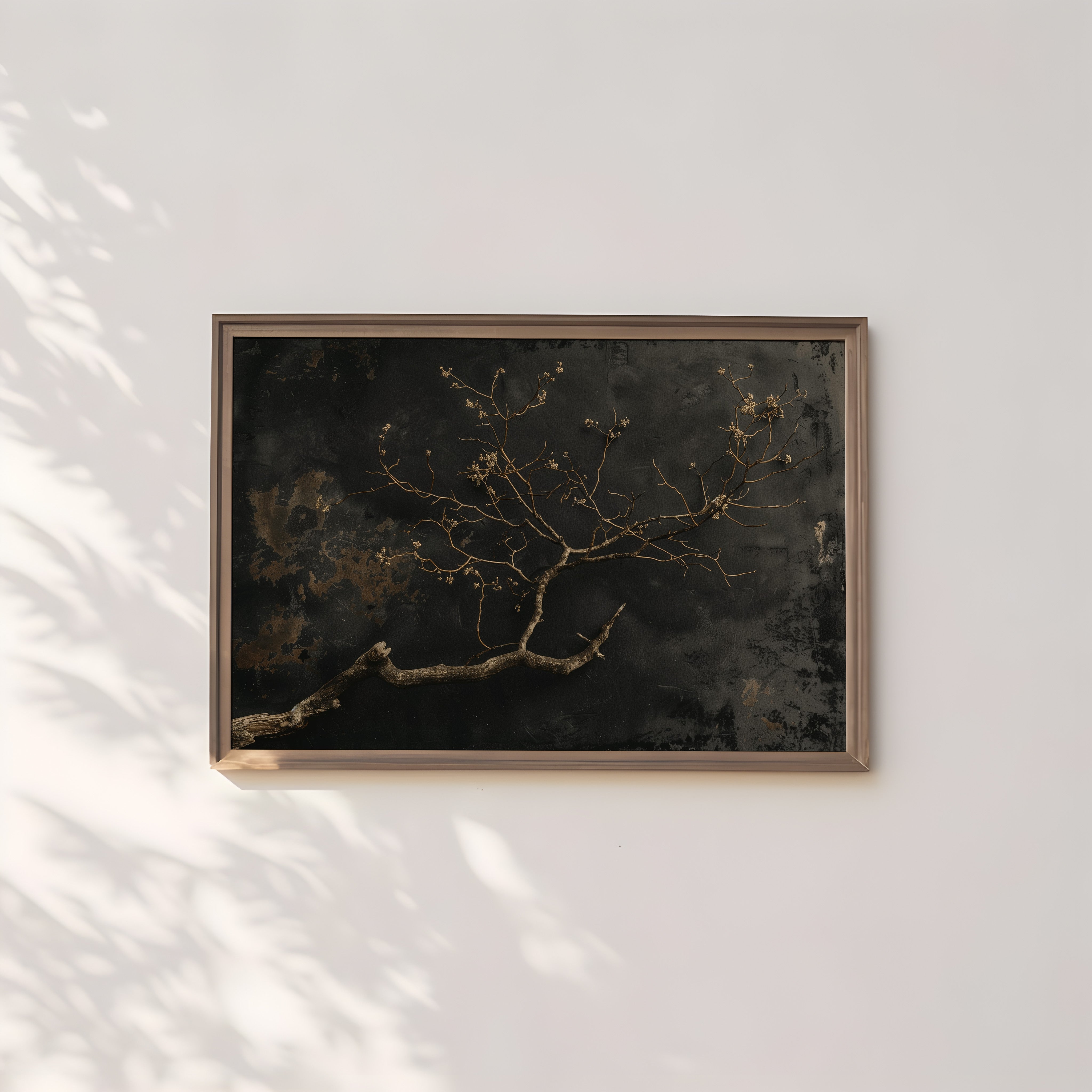 Minimalist Gnarled Branch Painting – Dark Moody Wall Art | Charcoal Sepia Texture