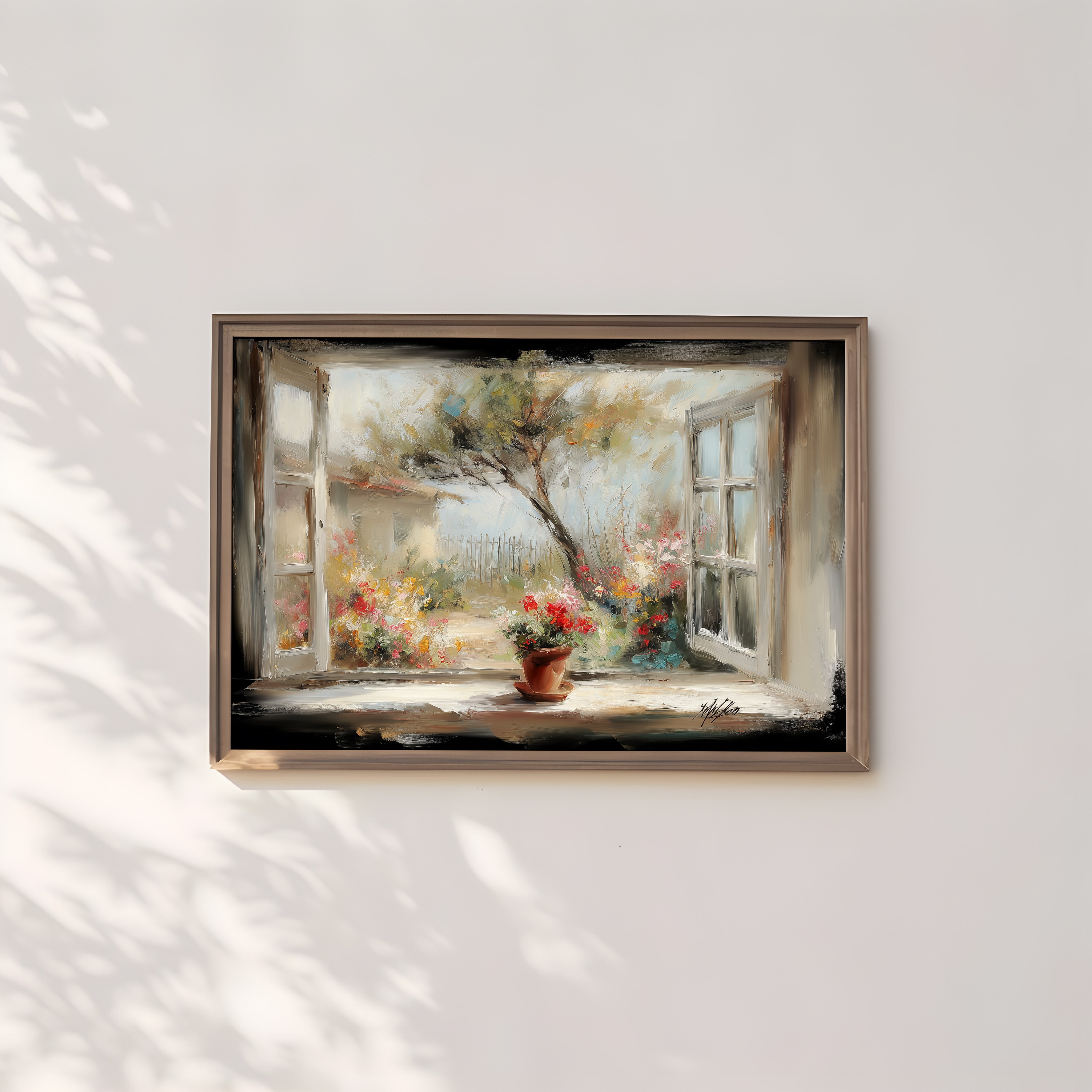 Cottage Window Wall Art - Rustic Farmhouse Wall Decor | Garden Landscape Print With White Frame