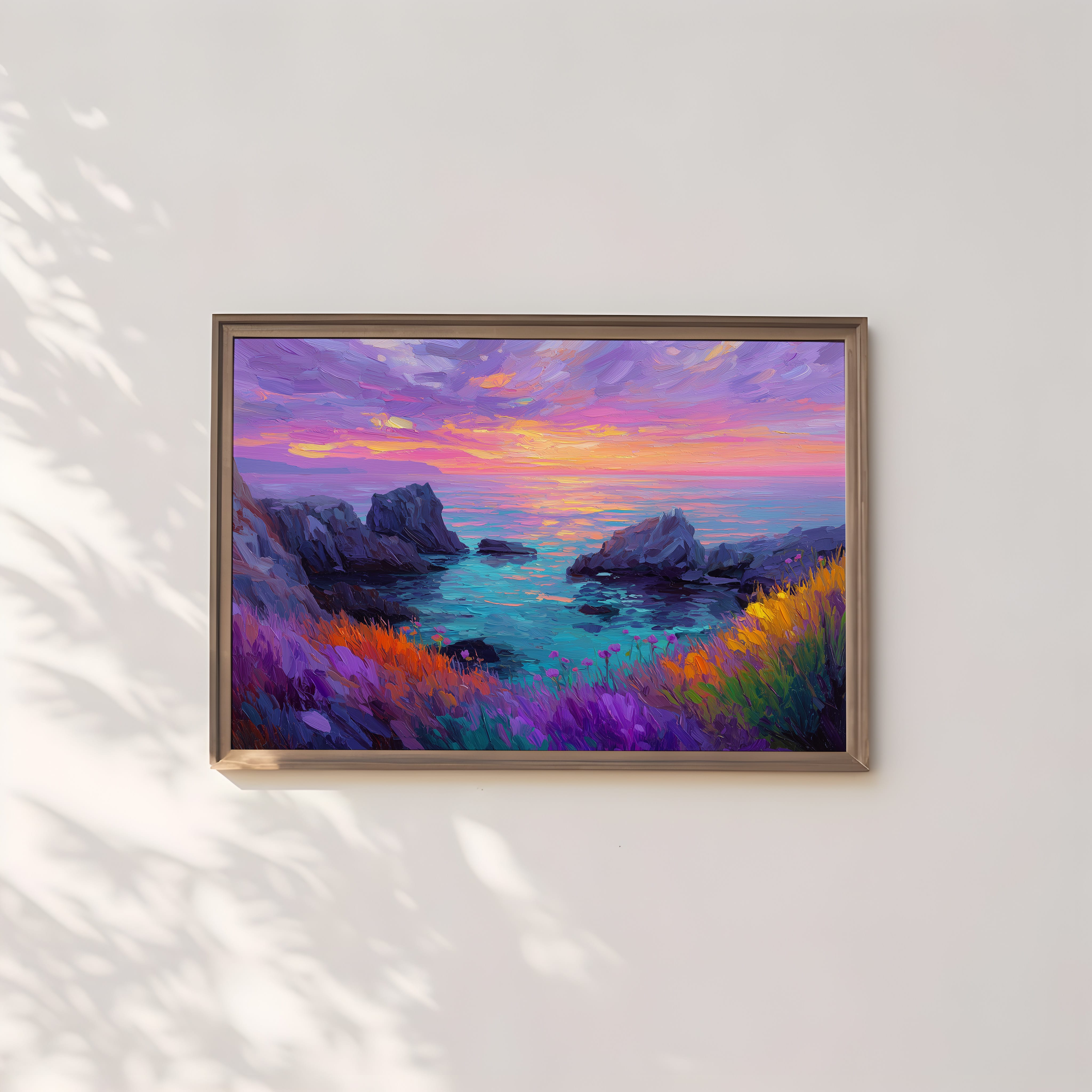 Abstract Coast Wall Art – Vibrant Sunset Print With Impasto Brushstrokes | Adventure Landscape