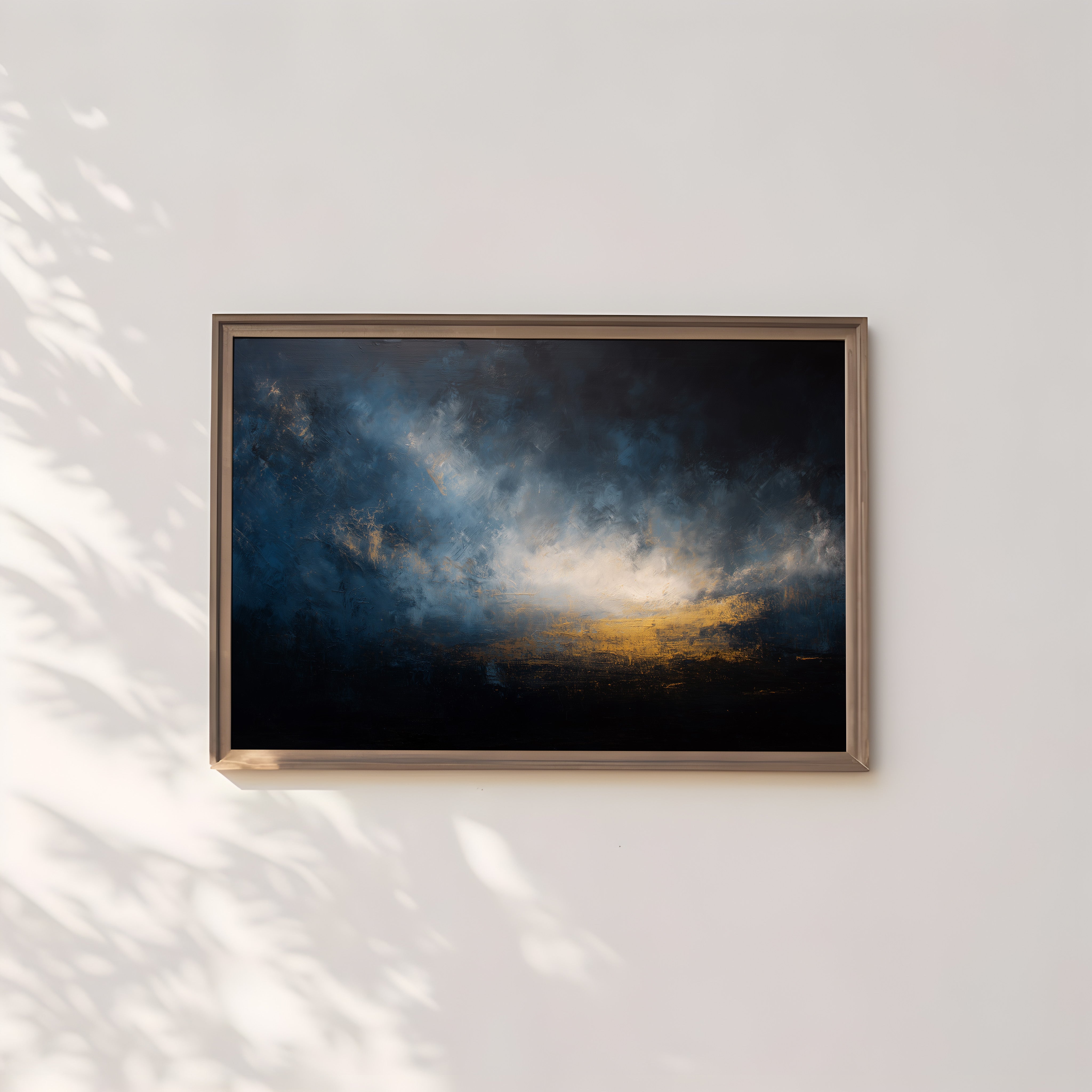 Minimalist Abstract Art - Dramatic Light Contrast | Deep Blue Oil Print & Warm Gold Accent