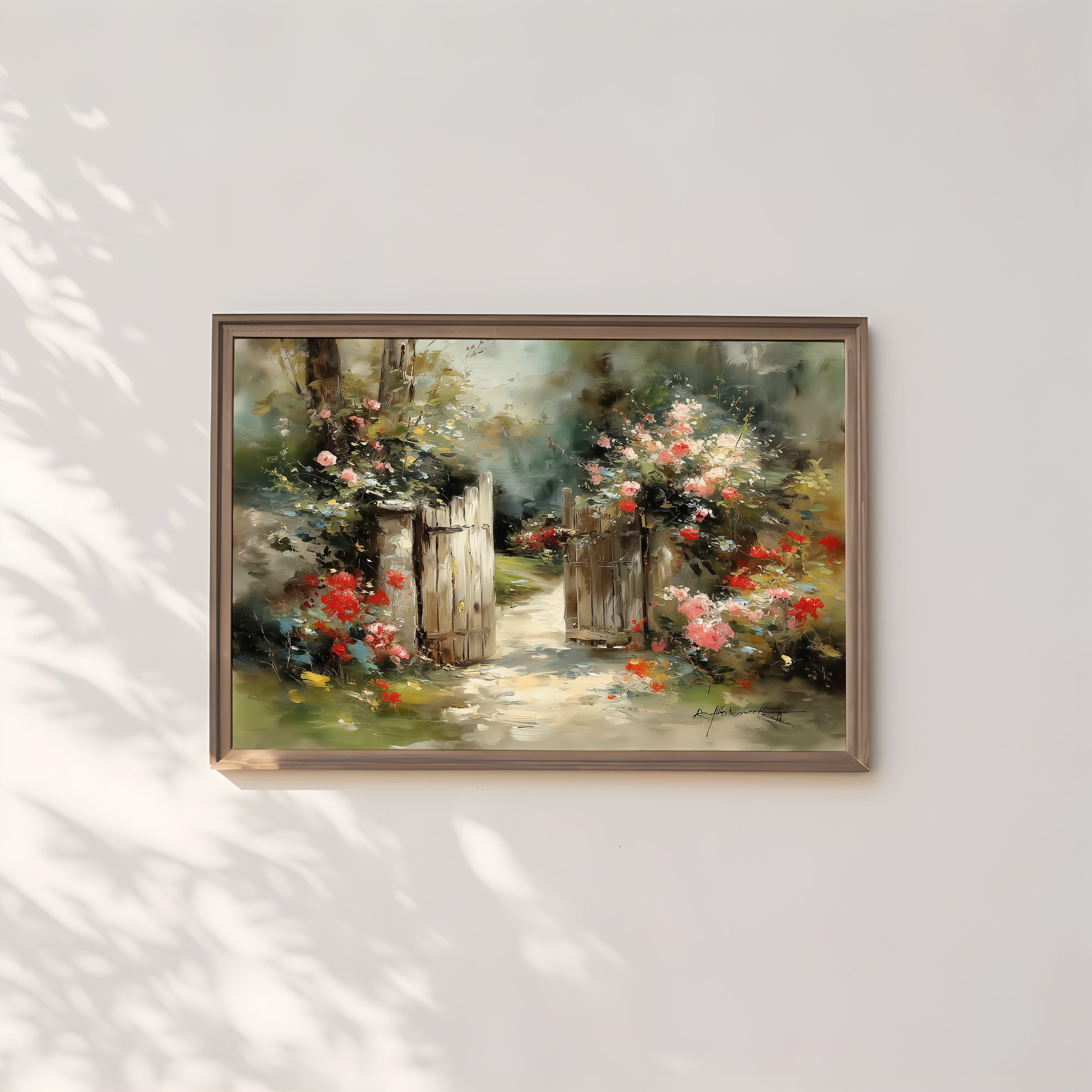 English Garden Wall Art | Rustic Garden Gate & Climbing Rose Painting | Country Farmhouse Decor