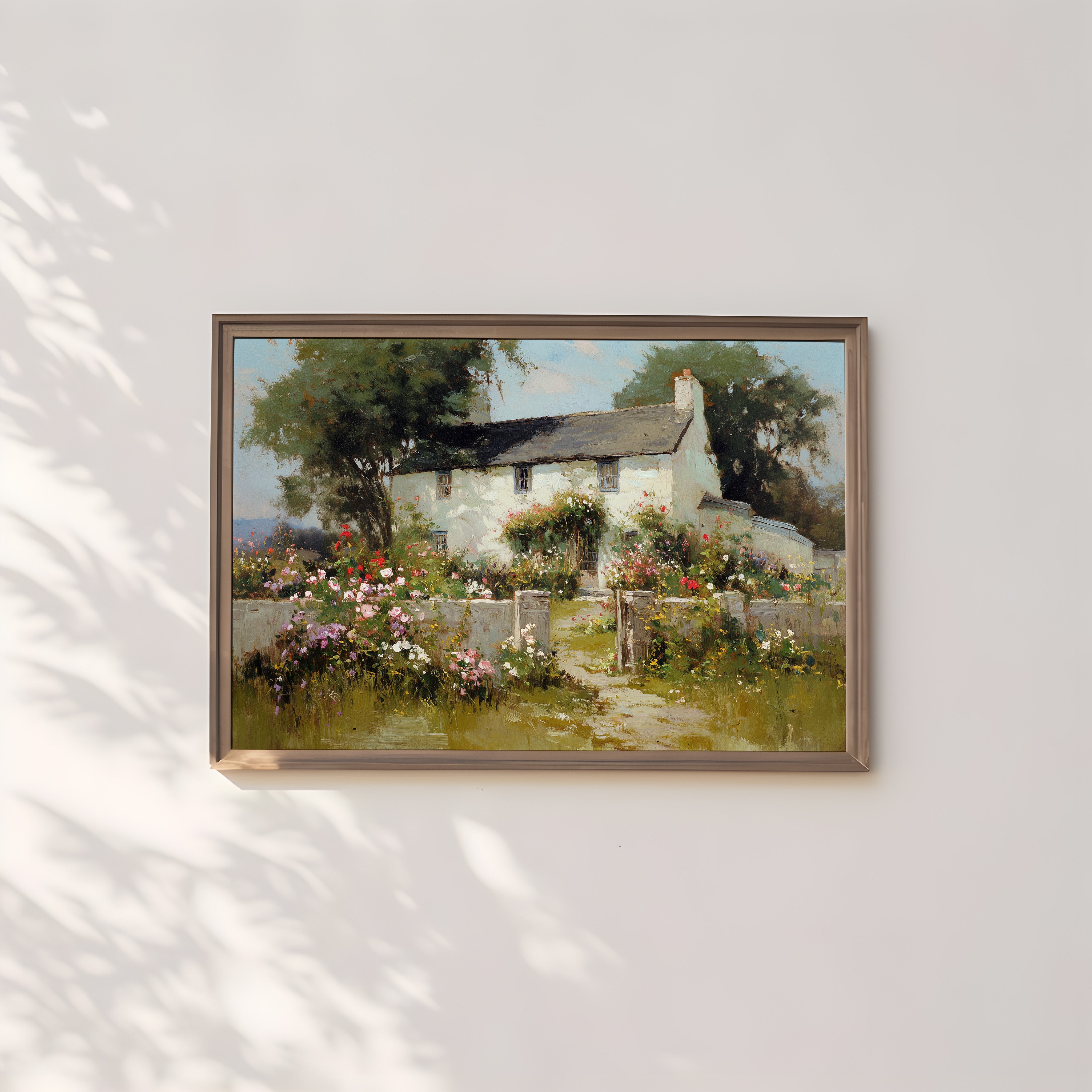 English Cottage Wall Art – Rustic Charm Floral Landscape Oil Painting Canvas