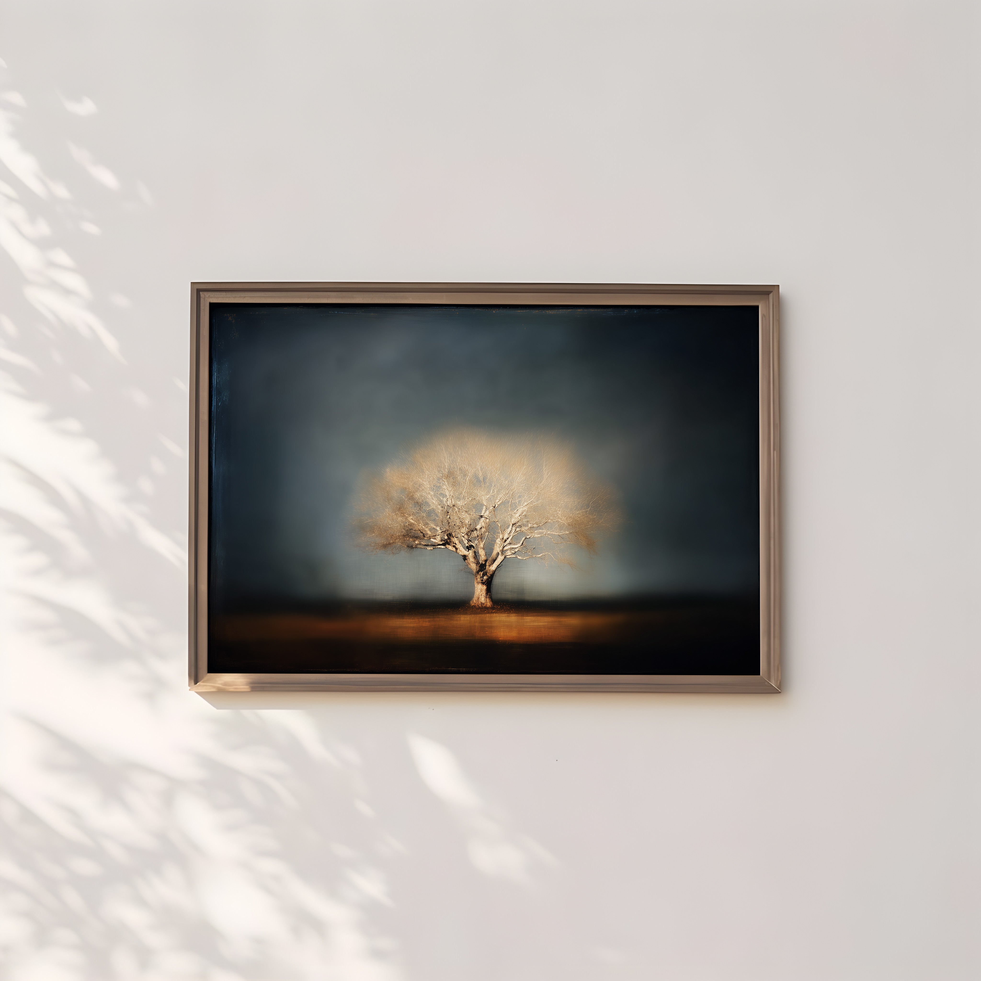Minimalist Tree Wall Art – Moody Wall Decor | Indigo Sky Painting | Sepia Tone Art Canvas