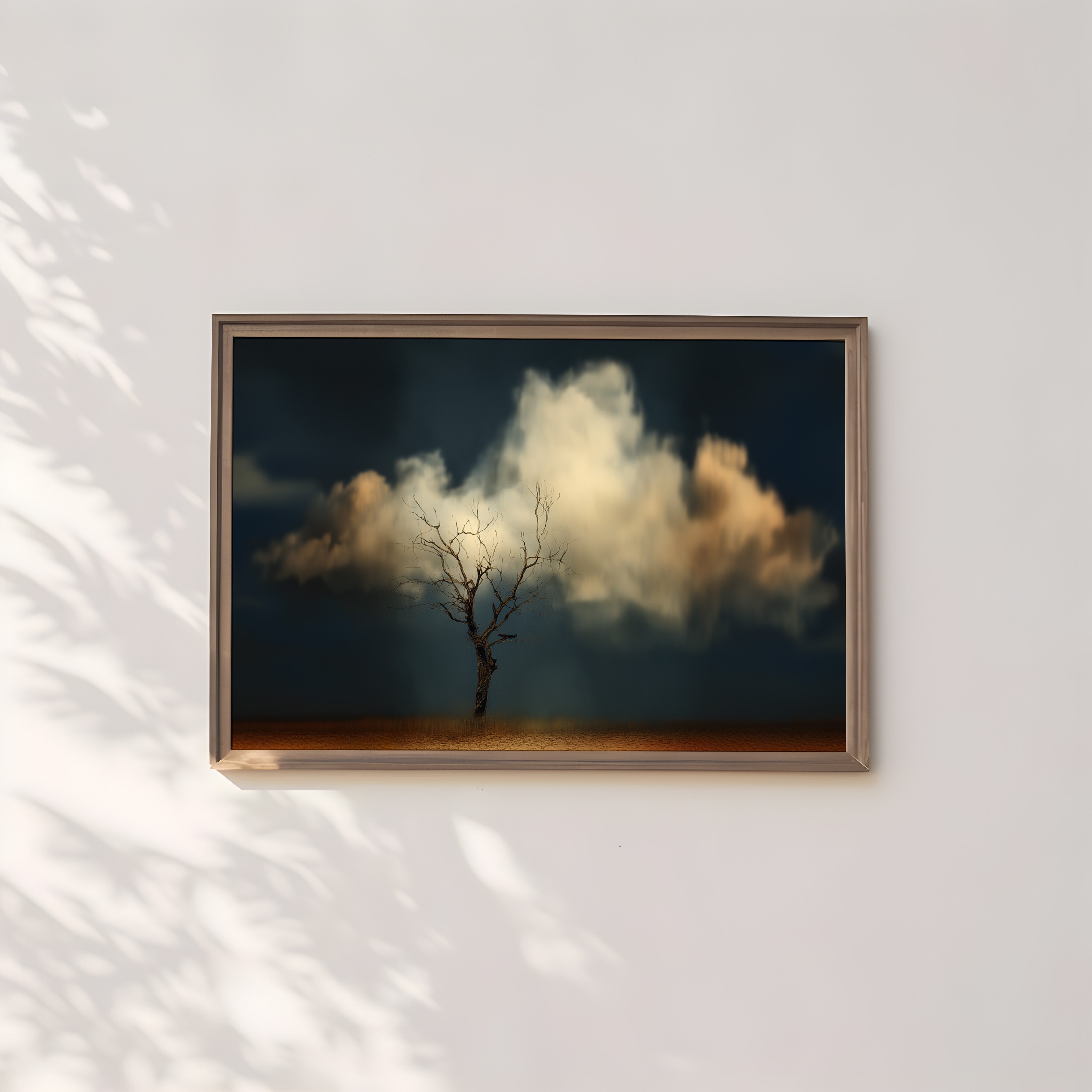 Minimalist Dead Tree Art | Moody Wall Art Print – Beige Cloud Background | Framed Canvas Wrap