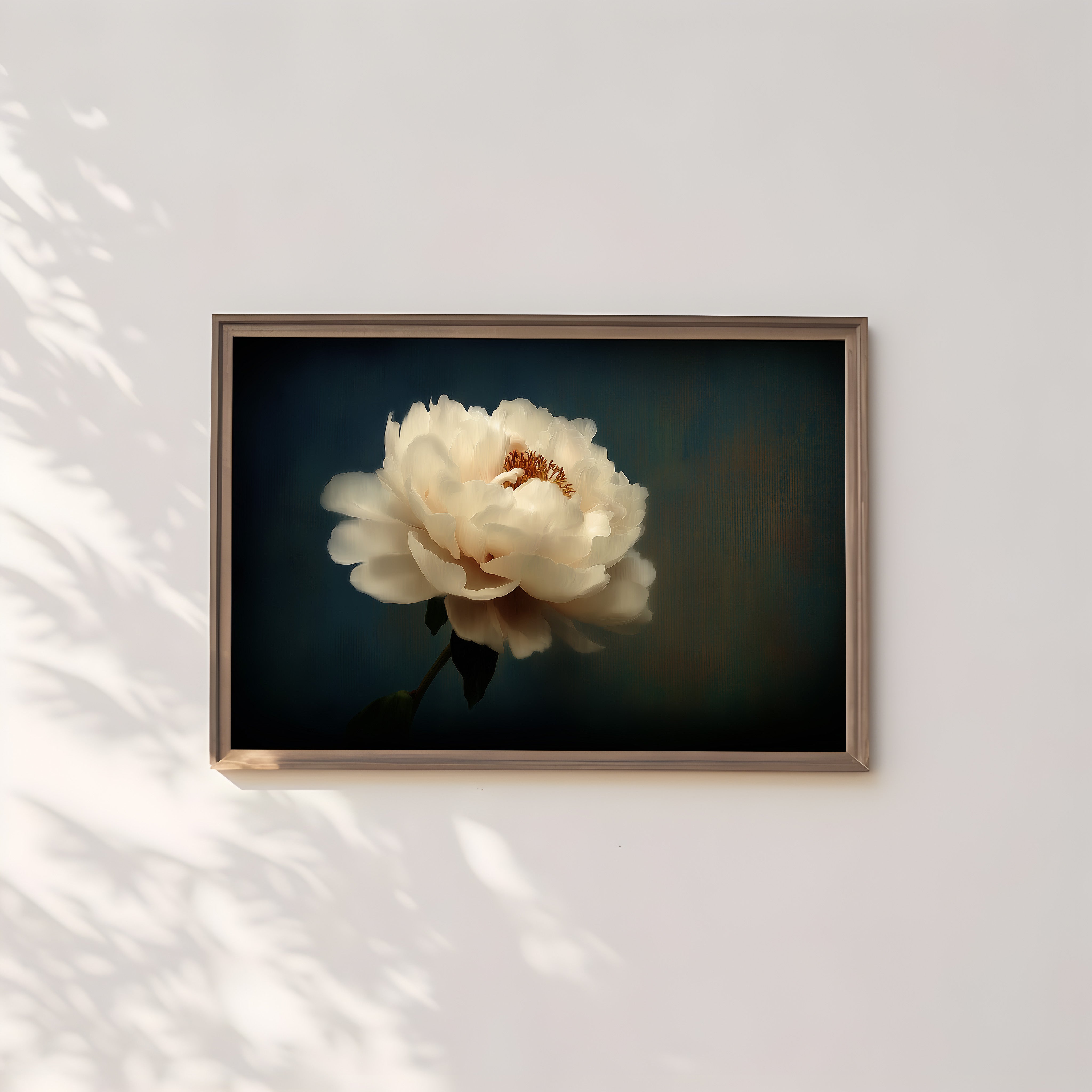 White Peony Wall Art – Minimalist Floral Print | Dark Moody Painting Canvas Gallery Wrap