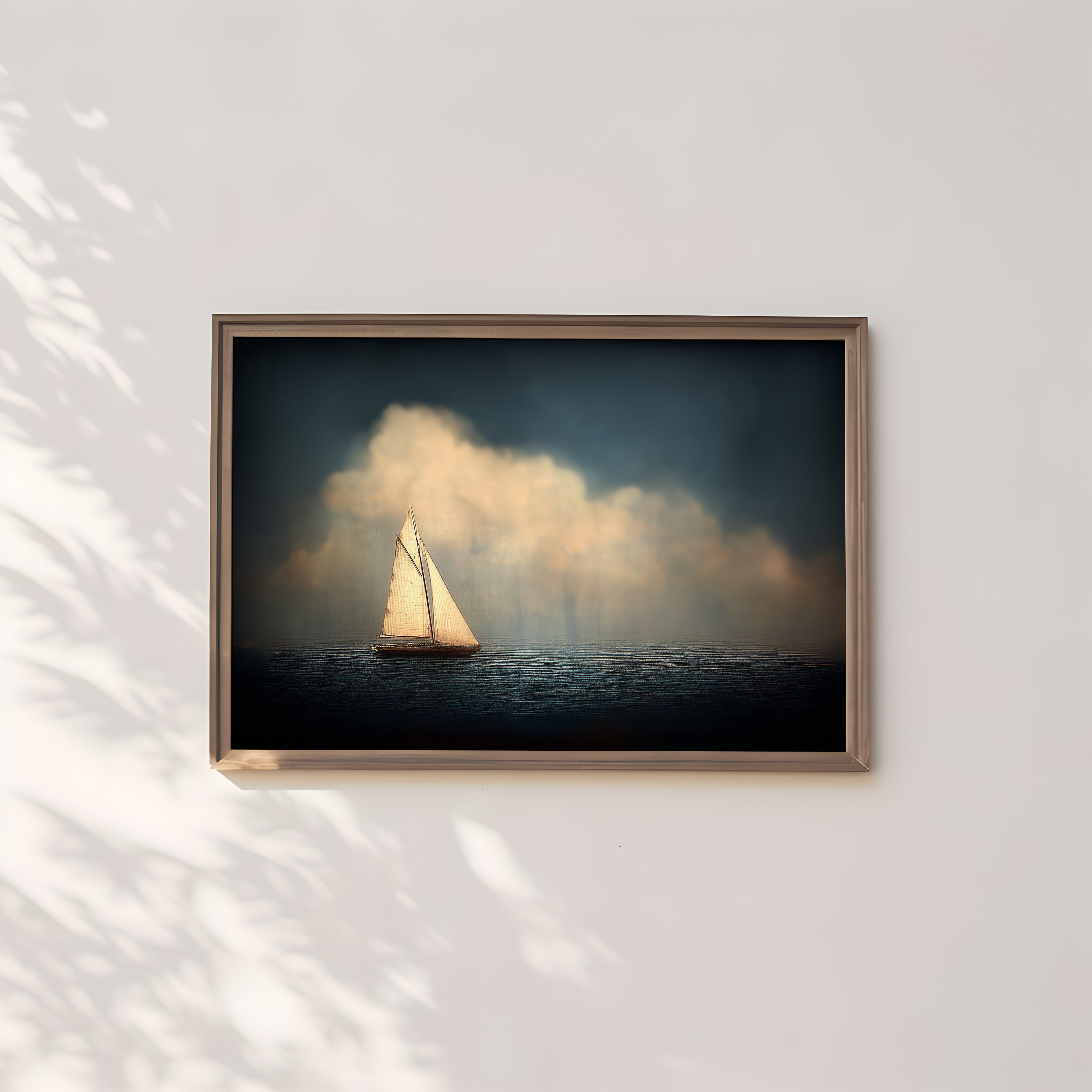 Solitary Sailboat Wall Art – Moody Coastal Decor | Midnight Blue Ocean Painting