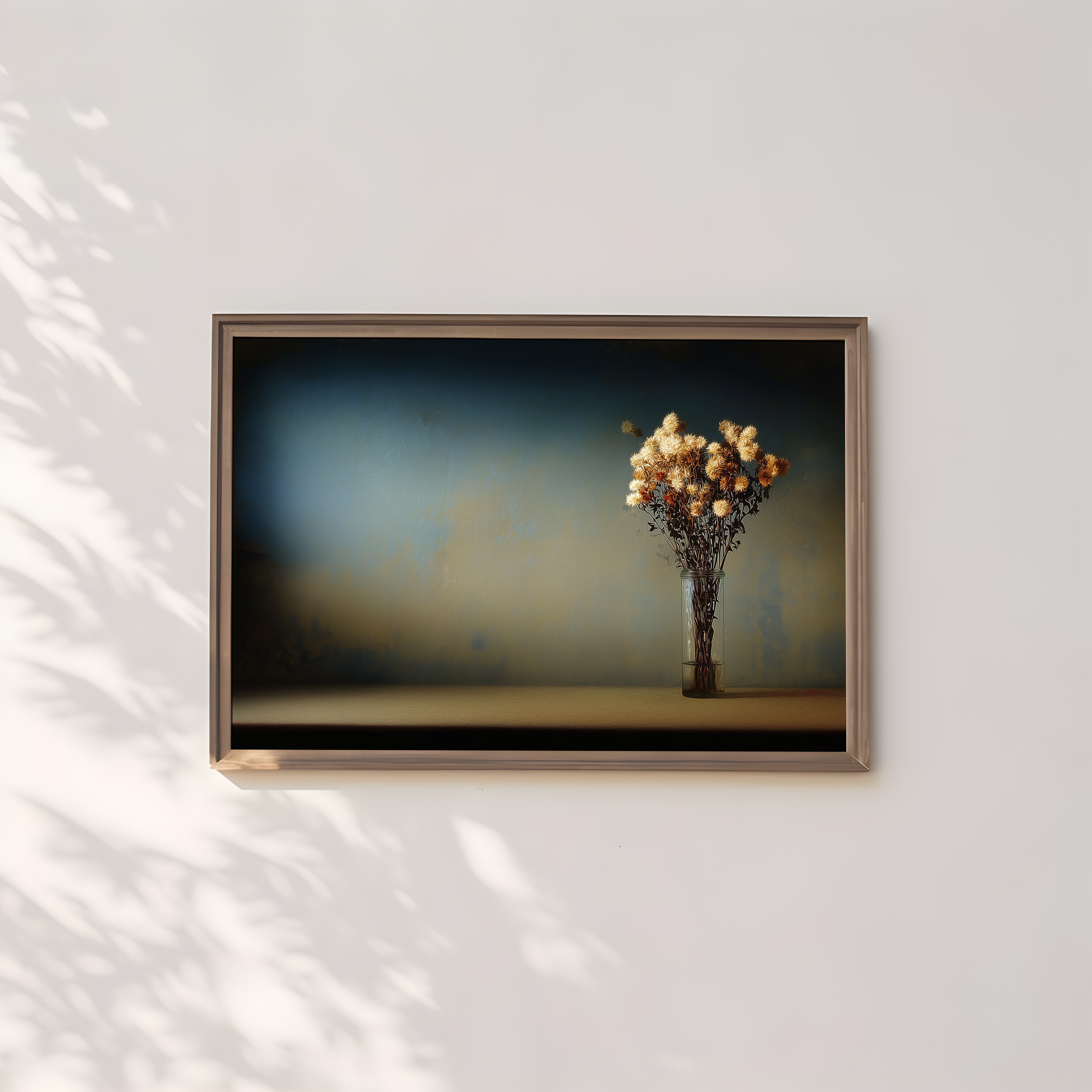 Dark Moody Artwork – Minimalist Wall Art With Velvety Midnight Blue Print & Aged Flowers