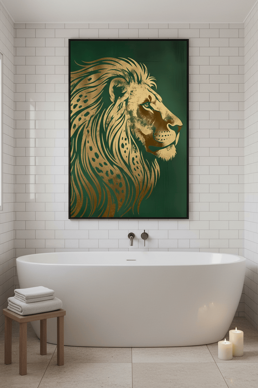 Art Deco Lion Profile Print - Gold Foil Wildlife - Regal Green Wall Art