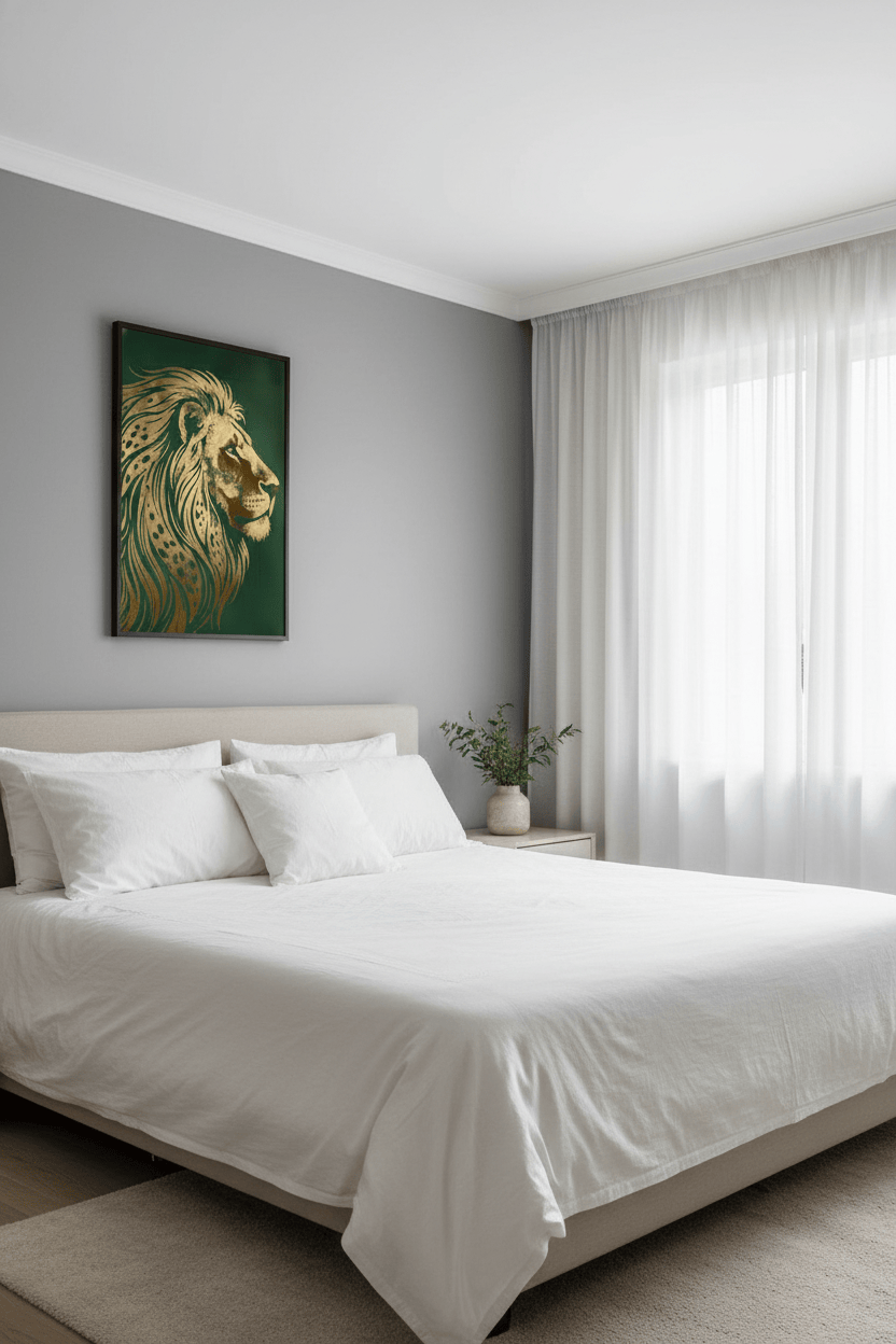 Art Deco Lion Profile Print - Gold Foil Wildlife - Regal Green Wall Art