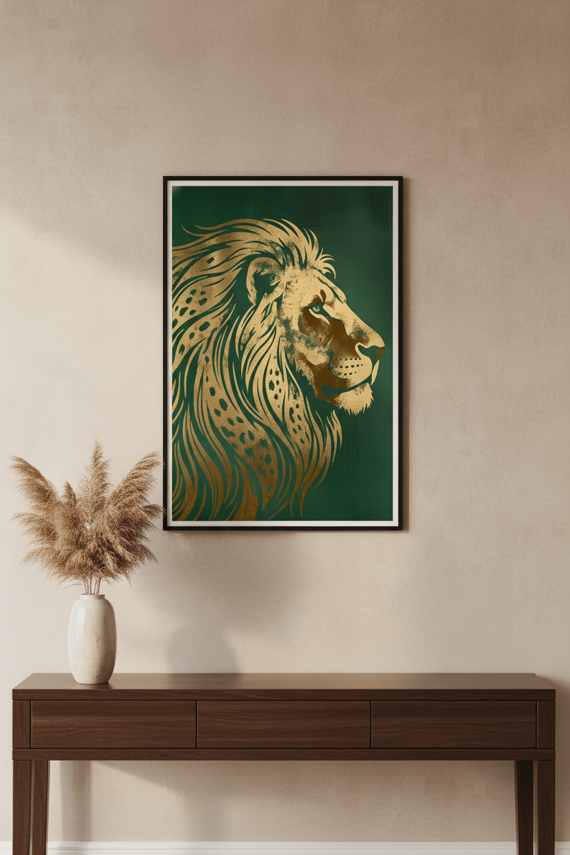 Art Deco Lion Profile Print - Gold Foil Wildlife - Regal Green Wall Art