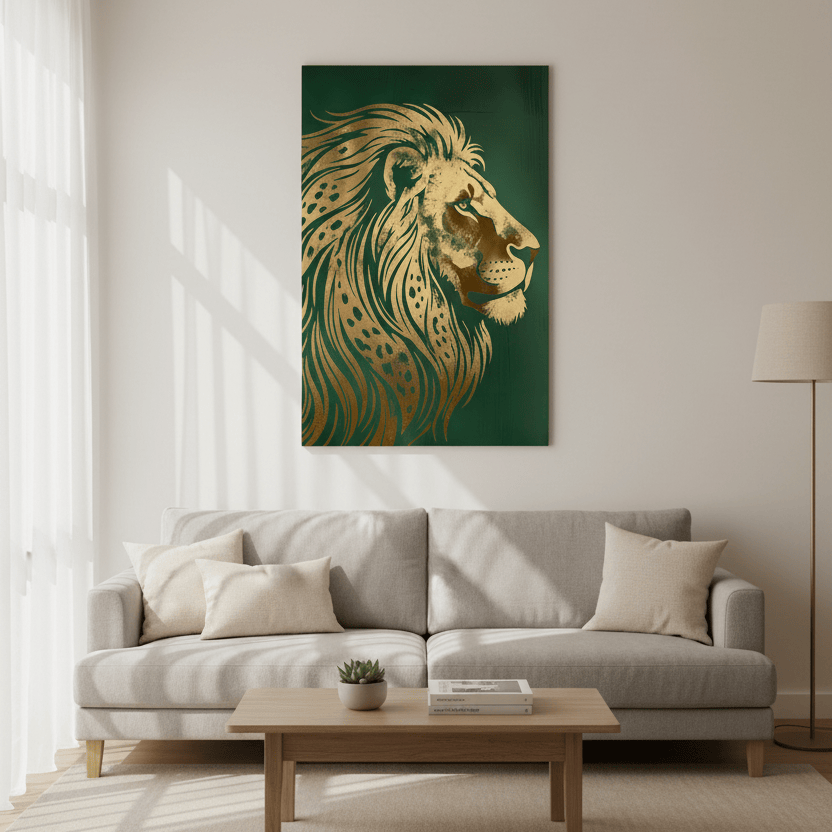 Art Deco Lion Profile Print - Gold Foil Wildlife - Regal Green Wall Art