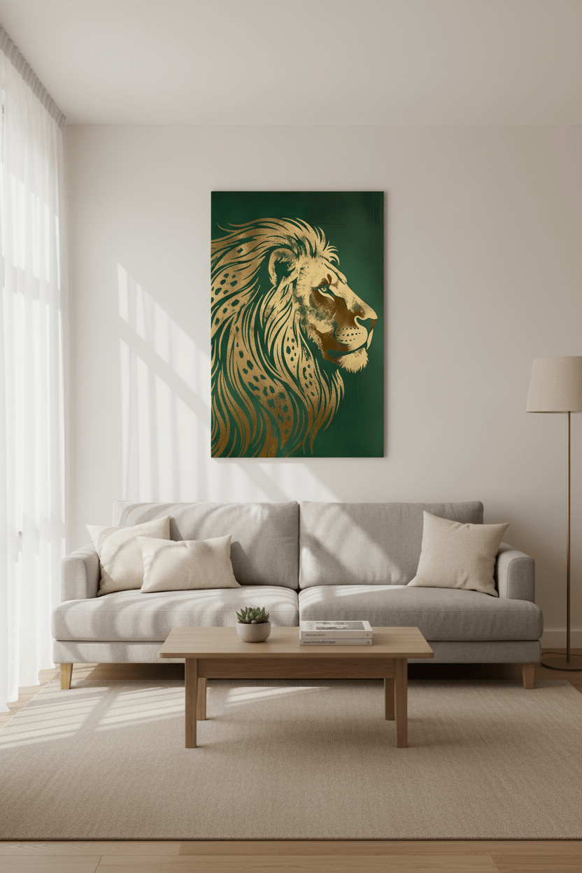 Art Deco Lion Profile Print - Gold Foil Wildlife - Regal Green Wall Art