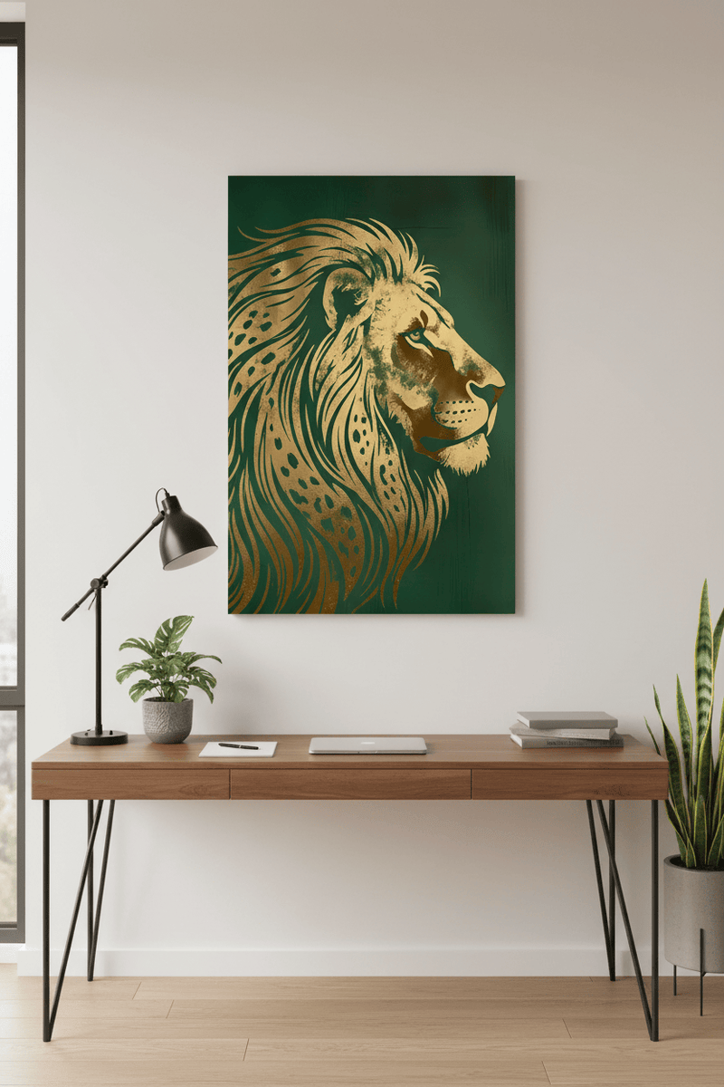 Art Deco Lion Profile Print - Gold Foil Wildlife - Regal Green Wall Art