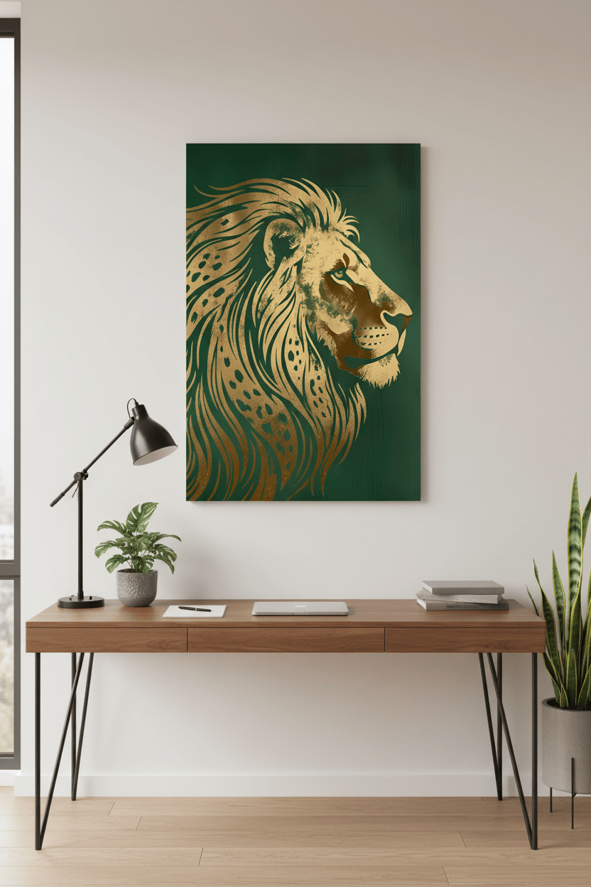 Art Deco Lion Profile Print - Gold Foil Wildlife - Regal Green Wall Art