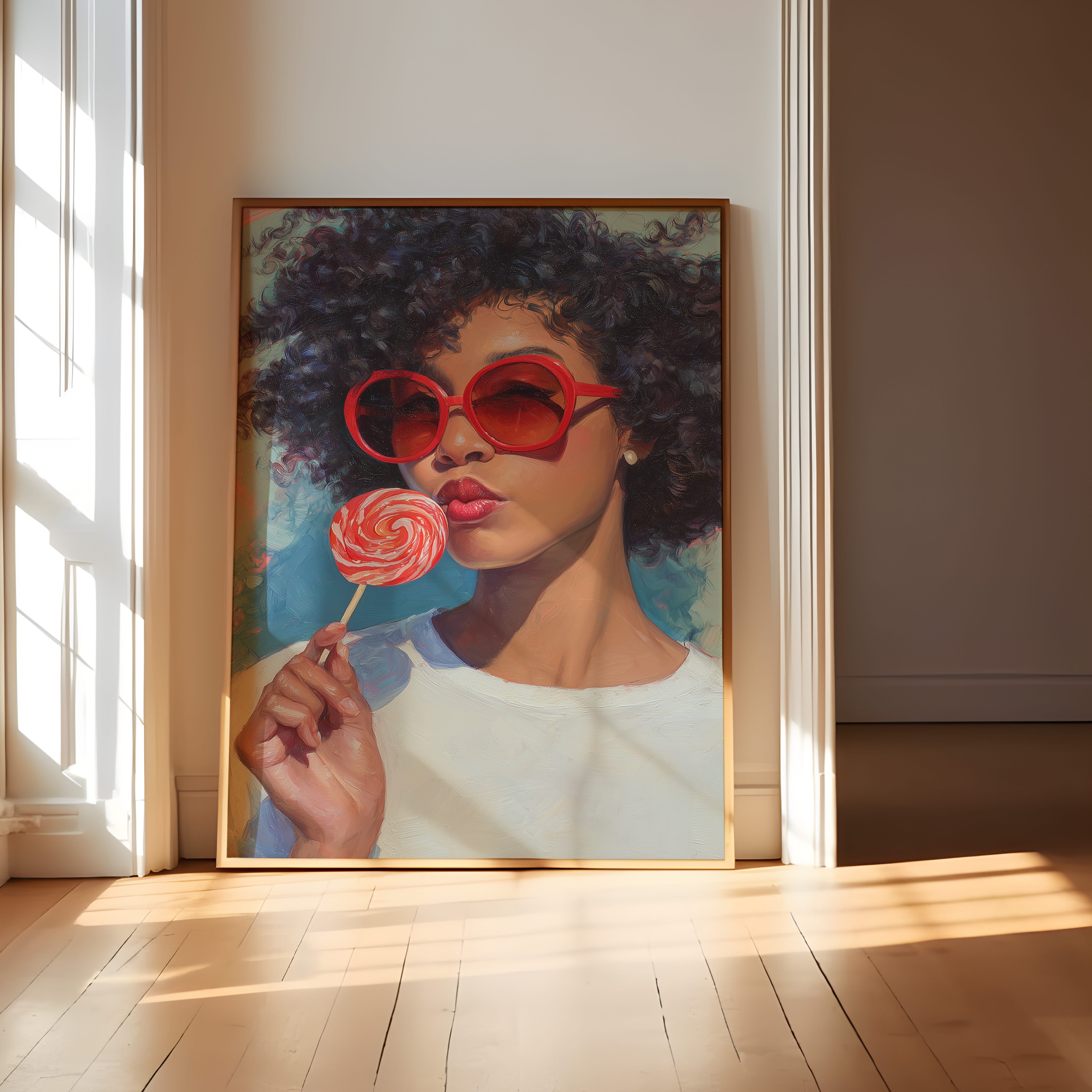 Retro Black Woman Wall Art - Afro Oil Painting | Red Lollipop Portrait | Playful Kitchen Decor