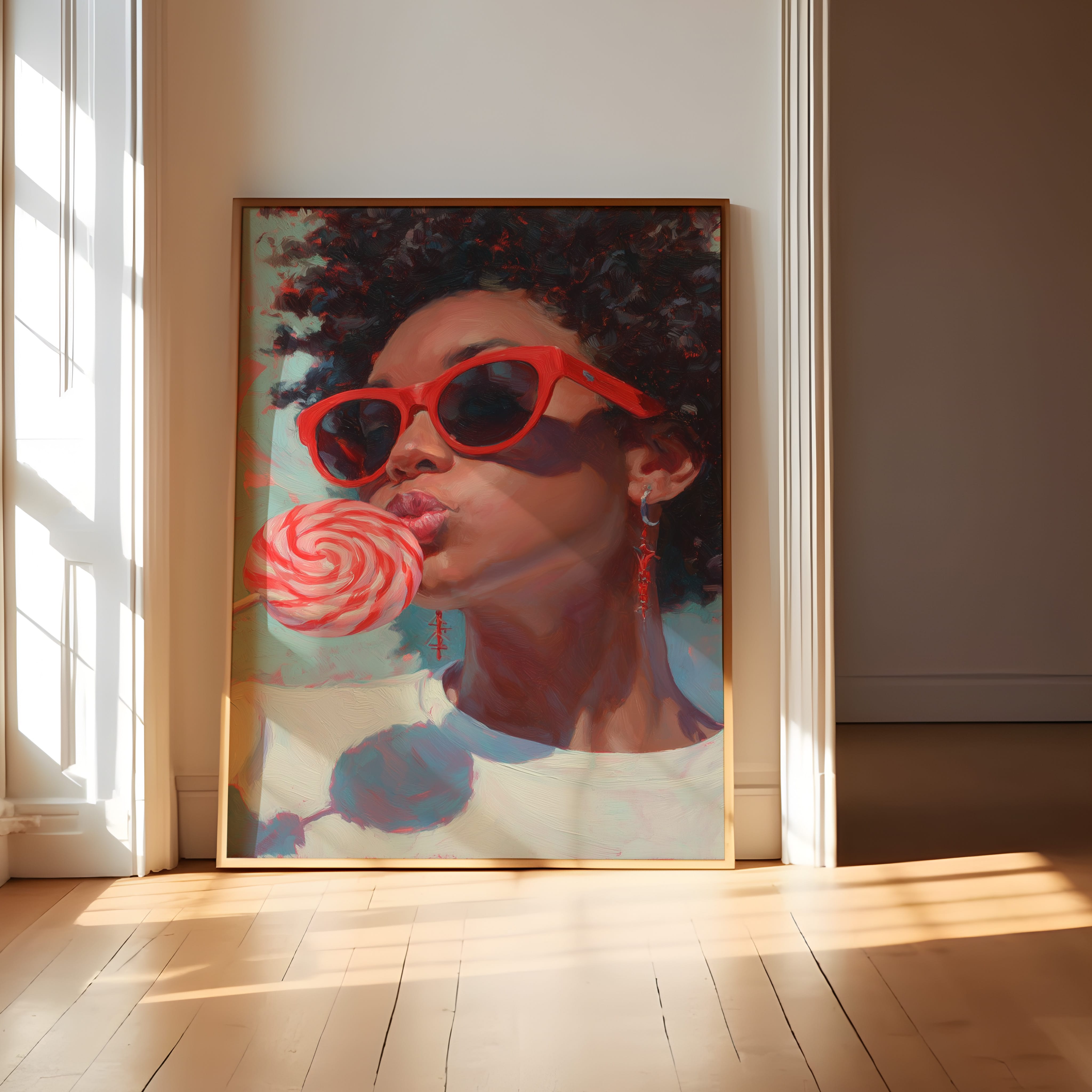 Retro Black Woman Wall Art – Red Lollipop Portrait | Afro Oil Painting Canvas