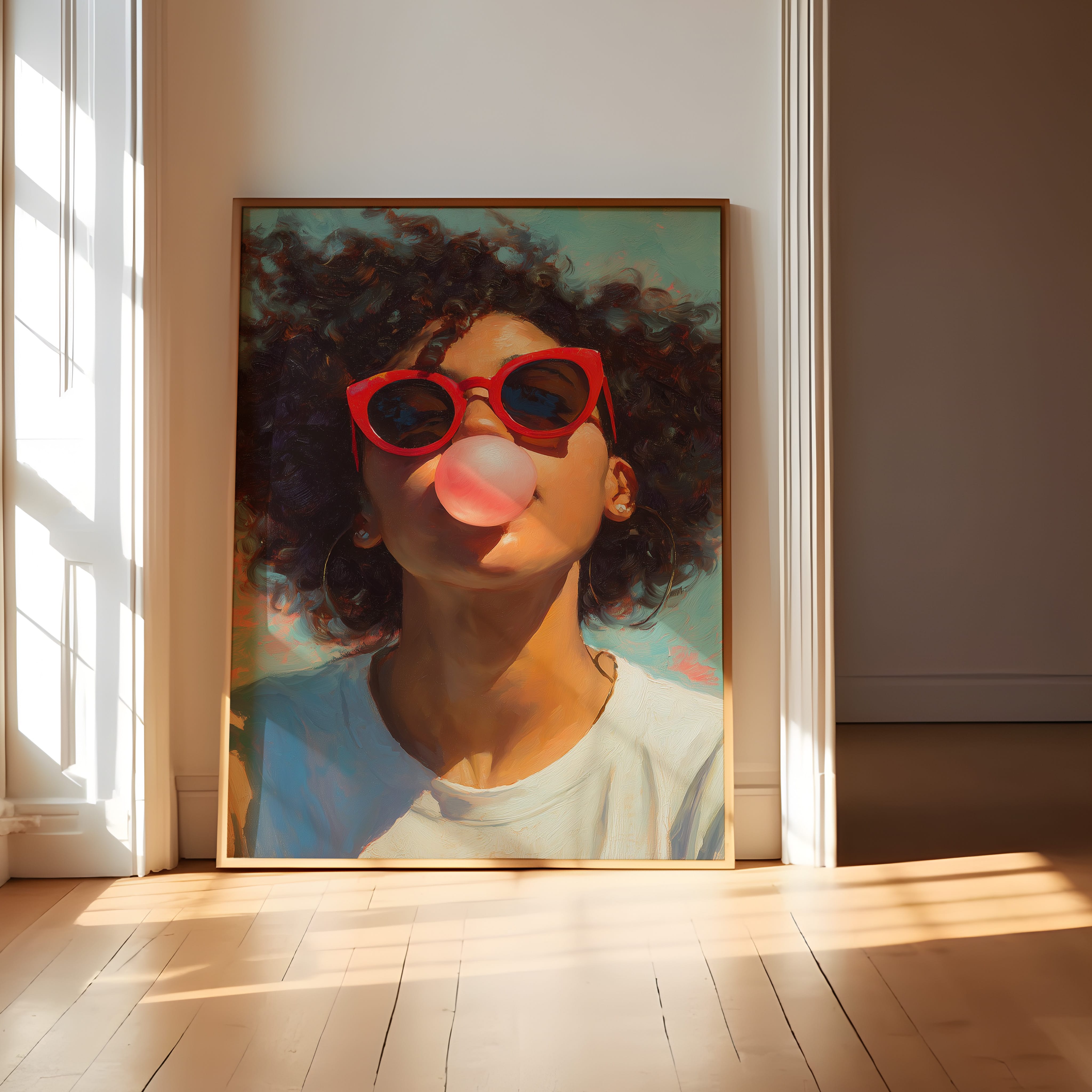 Retro Afro Portrait Print - Black Woman Bubble Gum Art | Red Cat Eye Sunglasses