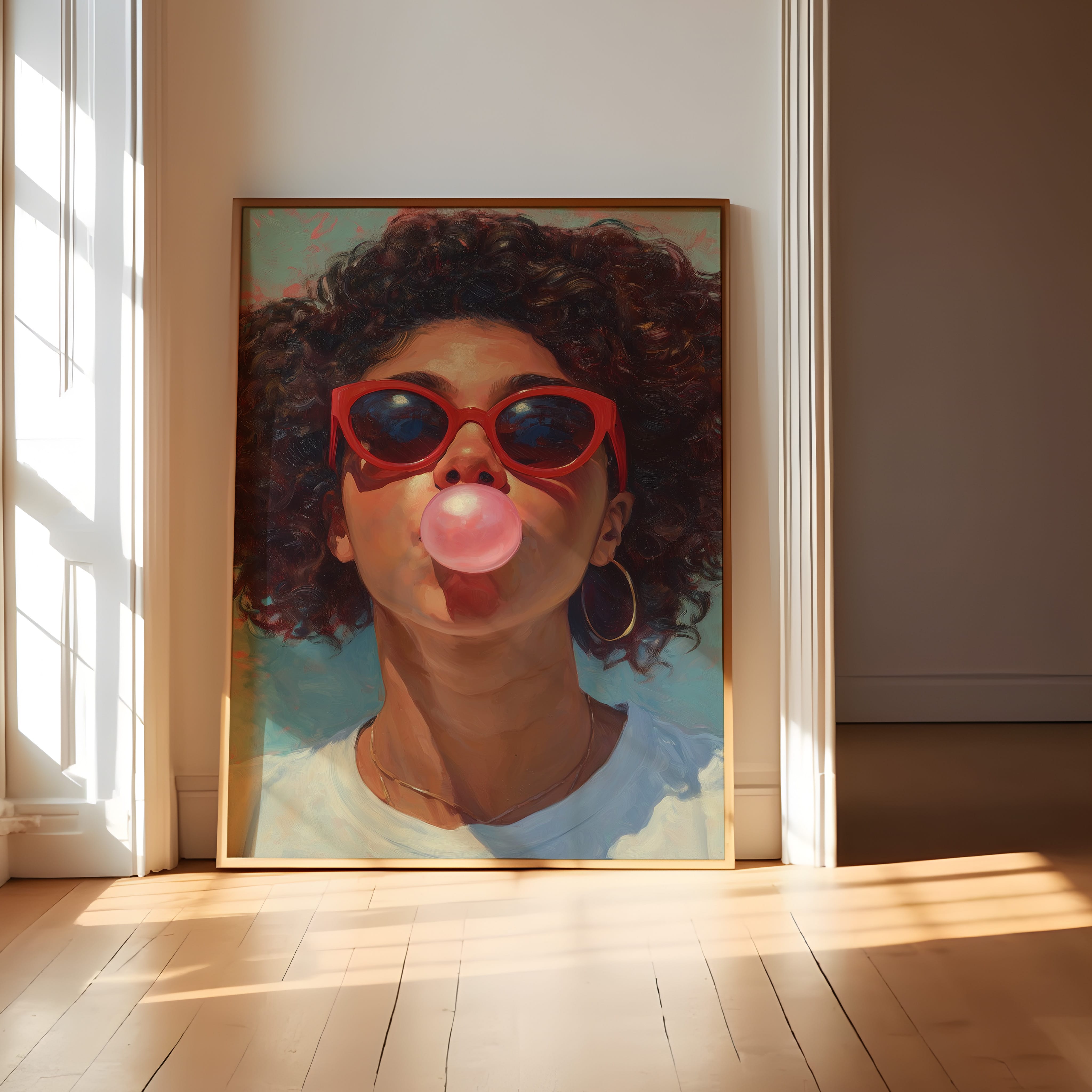 Retro Afro Portrait - Black Woman Bubble Gum Art | Red Cat Eye Sunglasses | Teal Kitchen Wall Decor