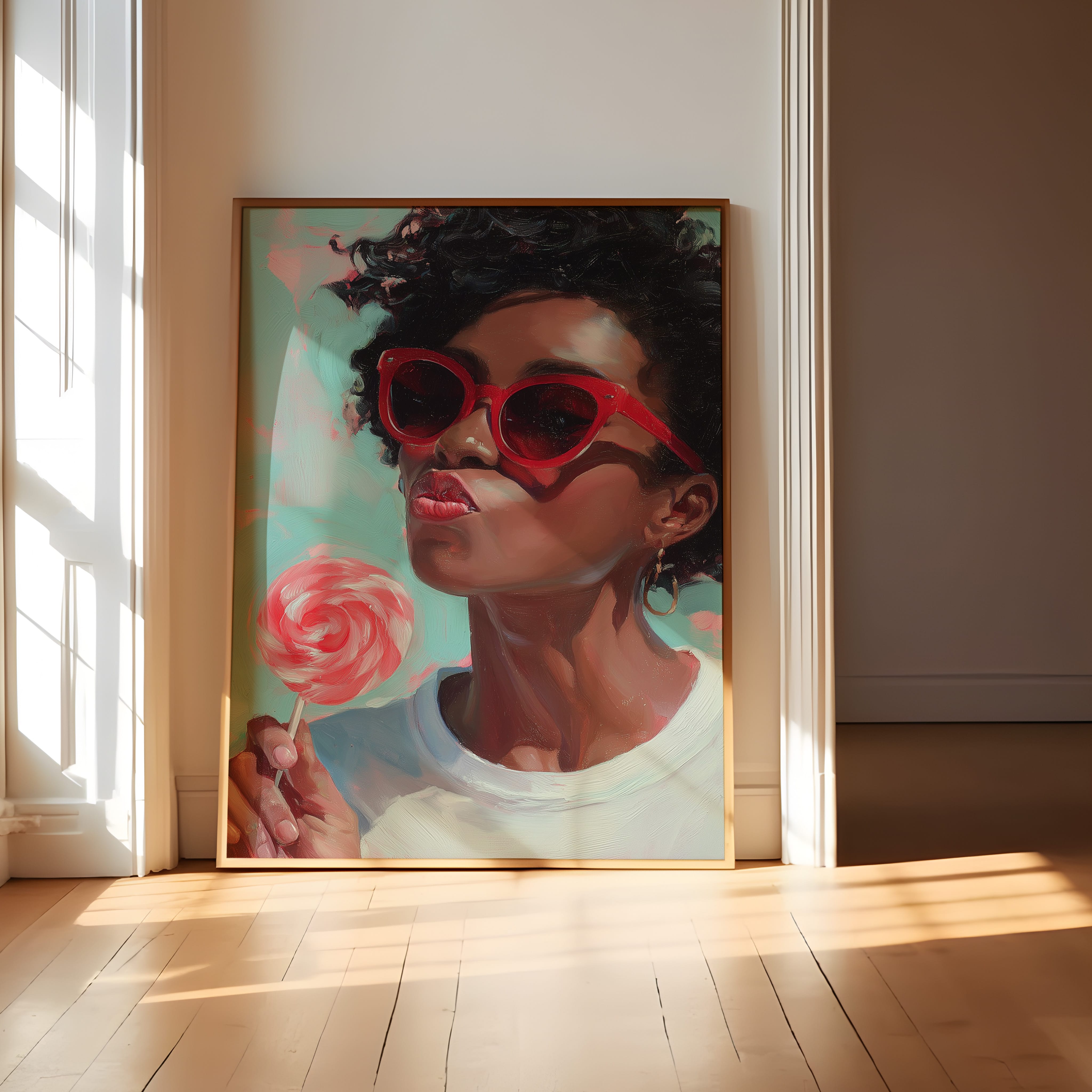 Retro Black Woman Wall Art – Red Lollipop Portrait | Afro Oil Painting | Playful Kitchen Decor