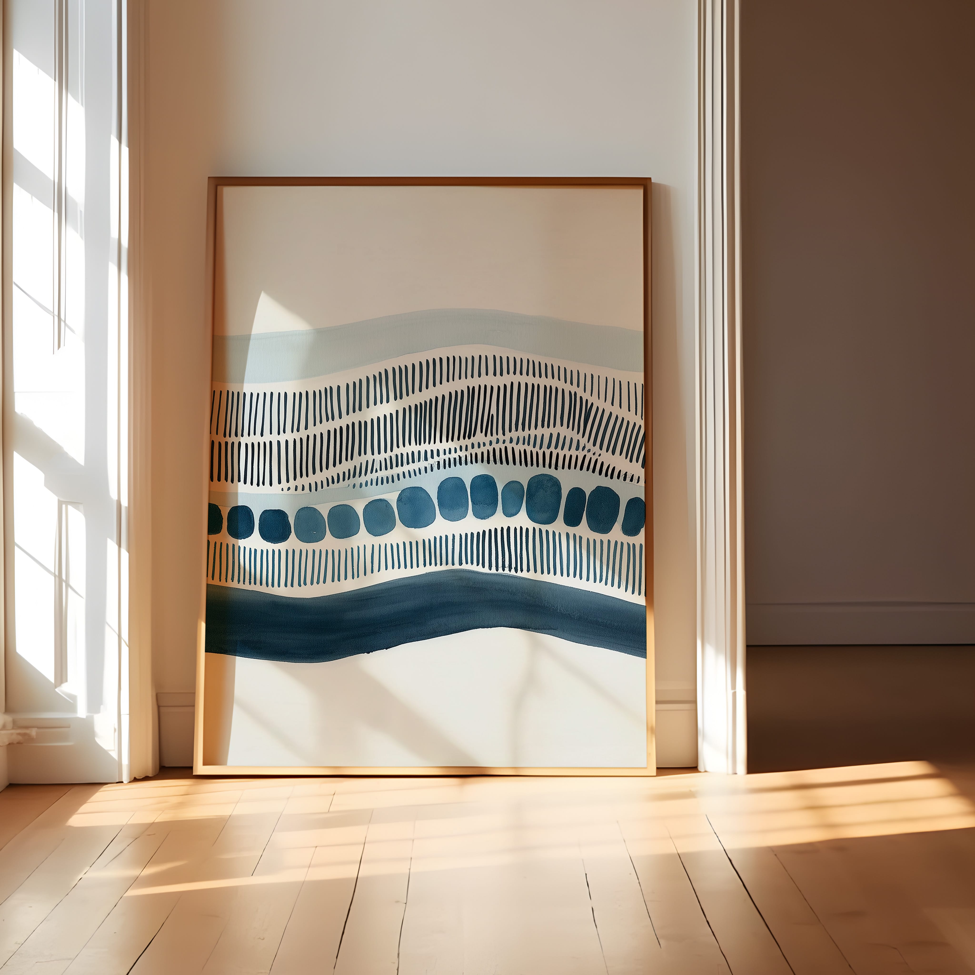 Abstract Wave Print | Minimalist Wall Art with Navy Blue Dashed Line Artwork