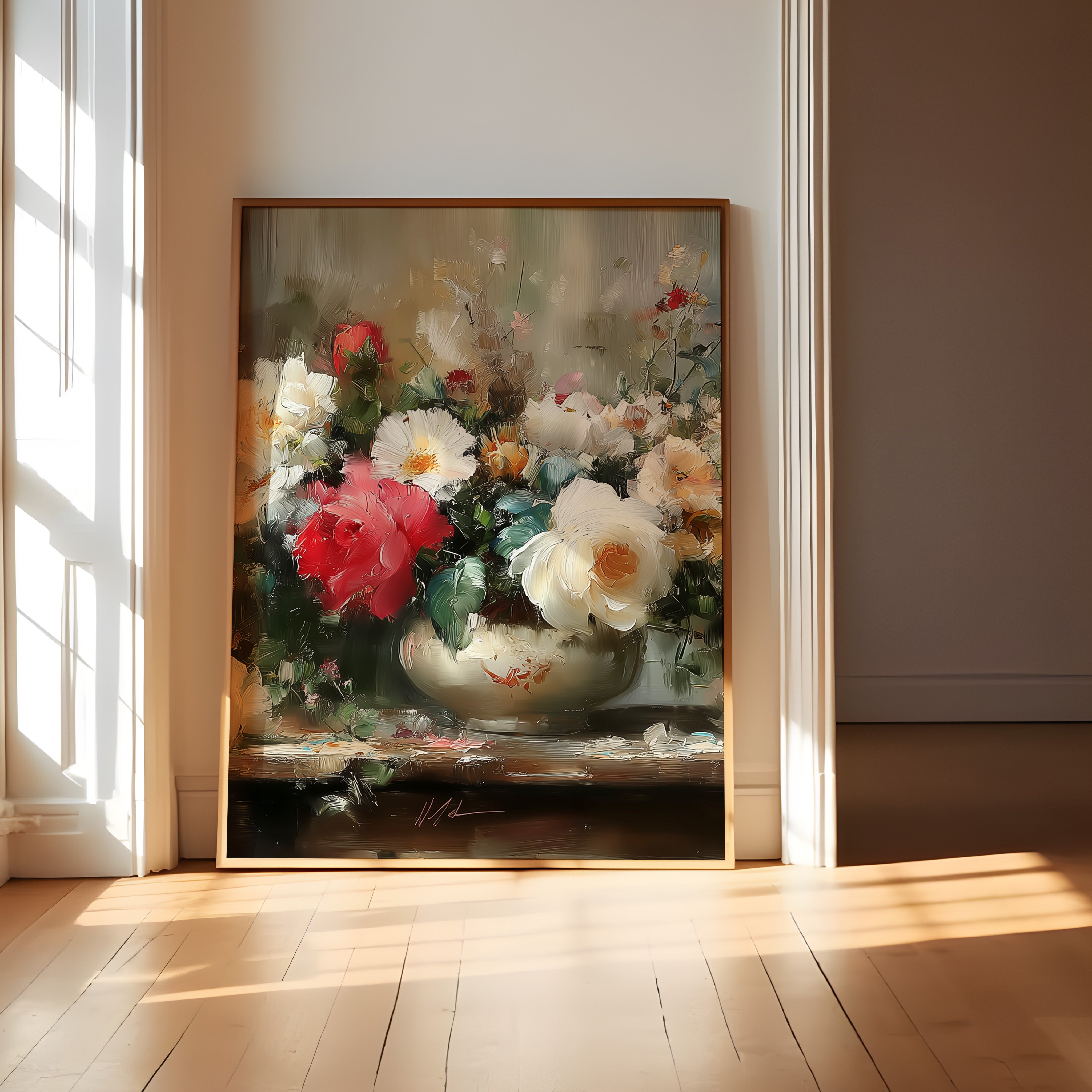 Vintage Floral Wall Art – Heirloom Roses & Peonies Oil Painting | Rustic Farmhouse Decor