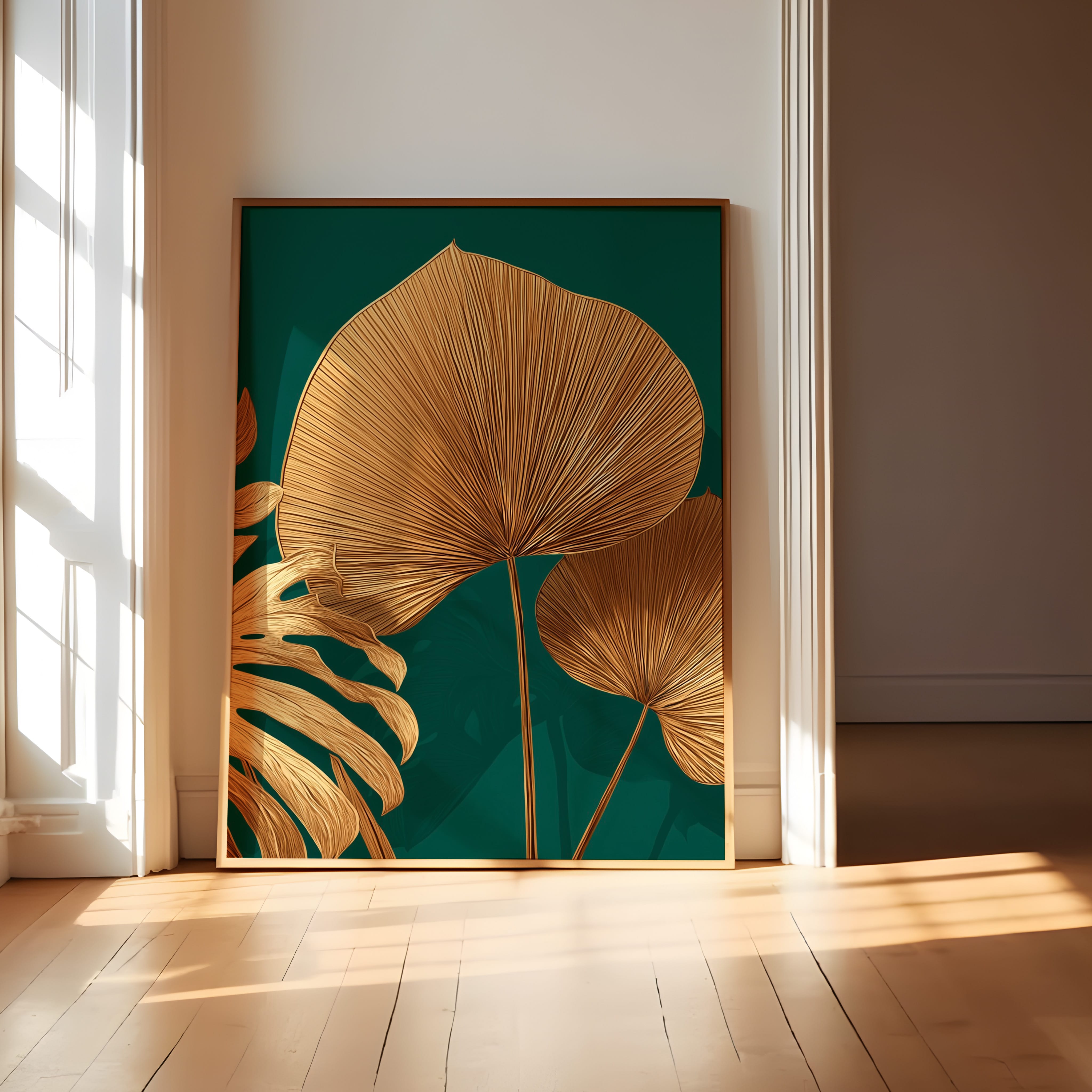 Gold Monstera Print - Emerald Green Wall Art | Luxurious Tropical Decor Poster