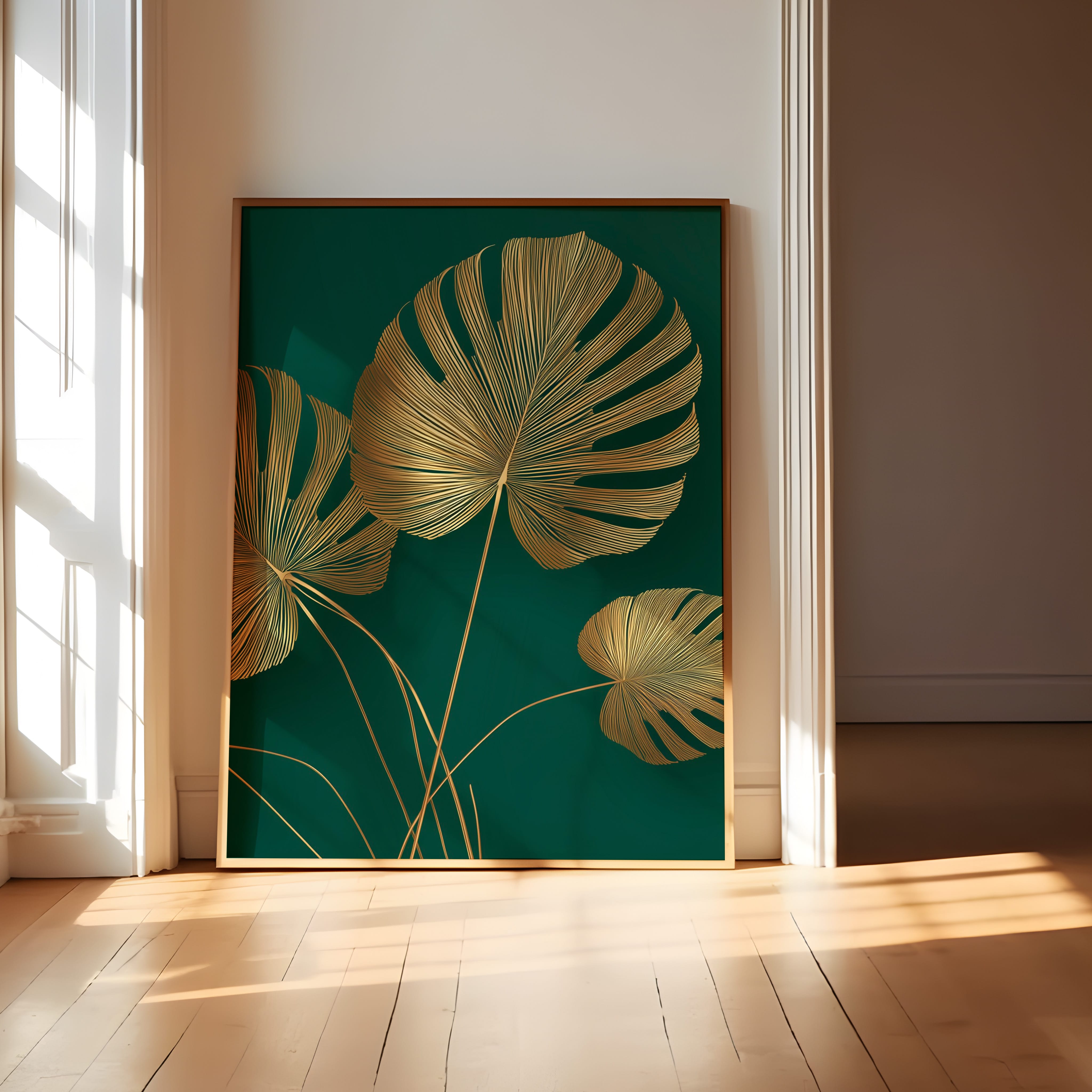 Gold Monstera Wall Art – Oversized Leaf Poster | Emerald Green Decor | Metallic Gold Foil Leaf Print