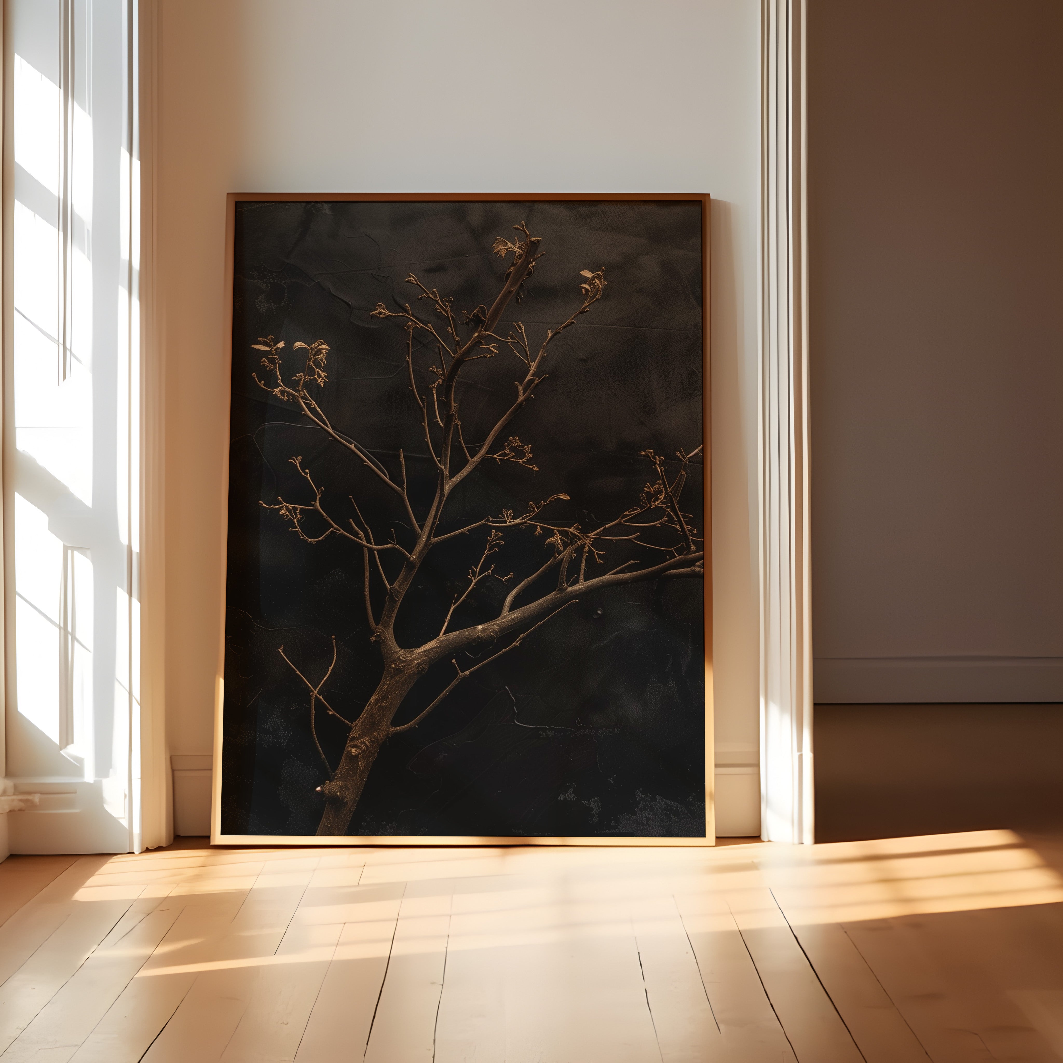 Minimalist Gnarled Branch Painting – Dark Moody Wall Art | Charcoal Sepia Texture