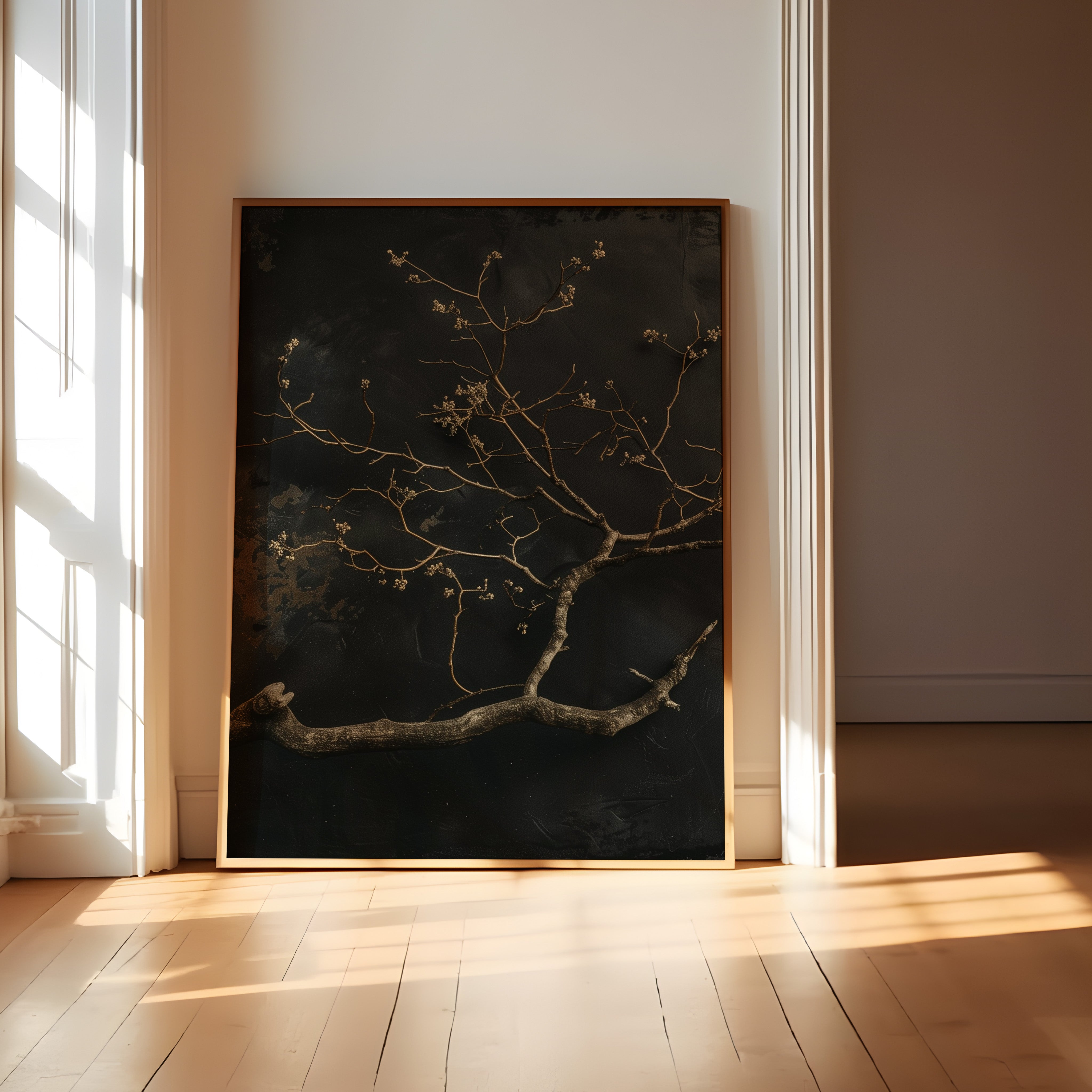 Minimalist Gnarled Branch Painting – Dark Moody Wall Art | Charcoal Sepia Texture