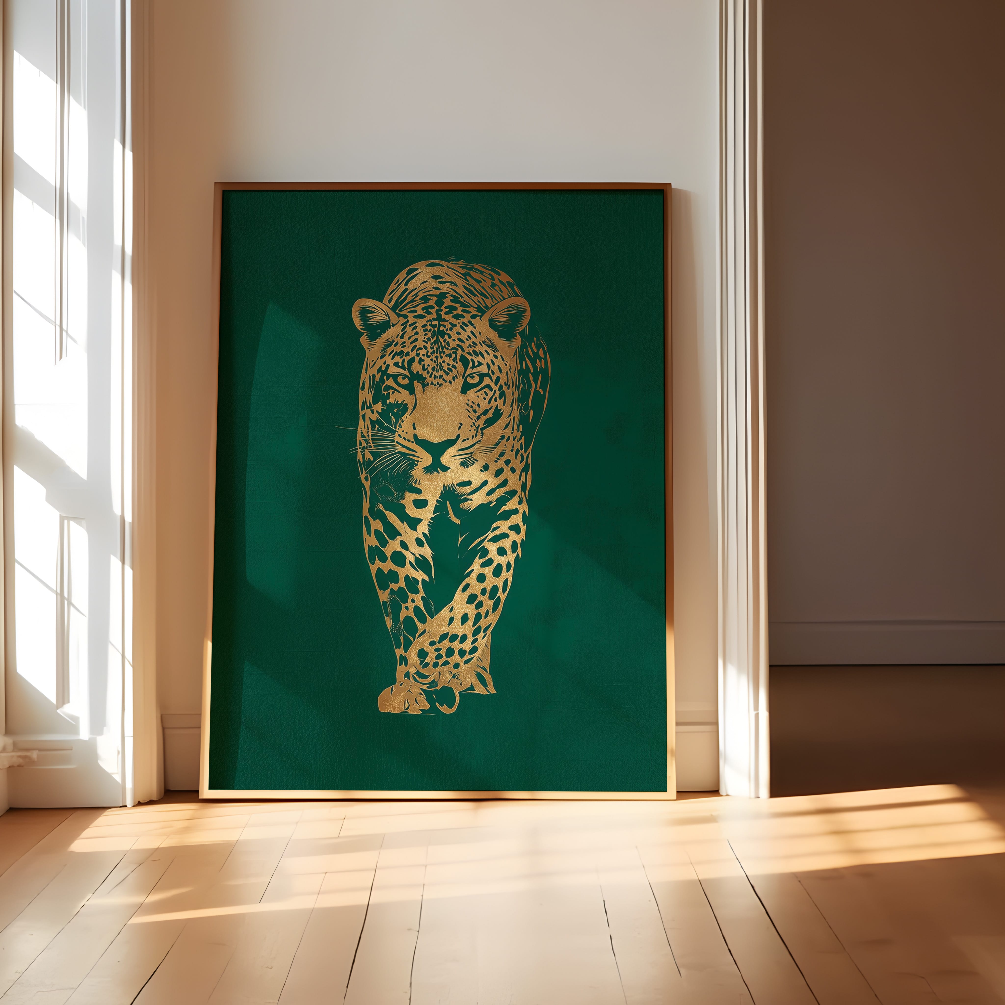 Gold Foil Leopard Wall Art – Emerald Green Art Deco Animal Print Poster