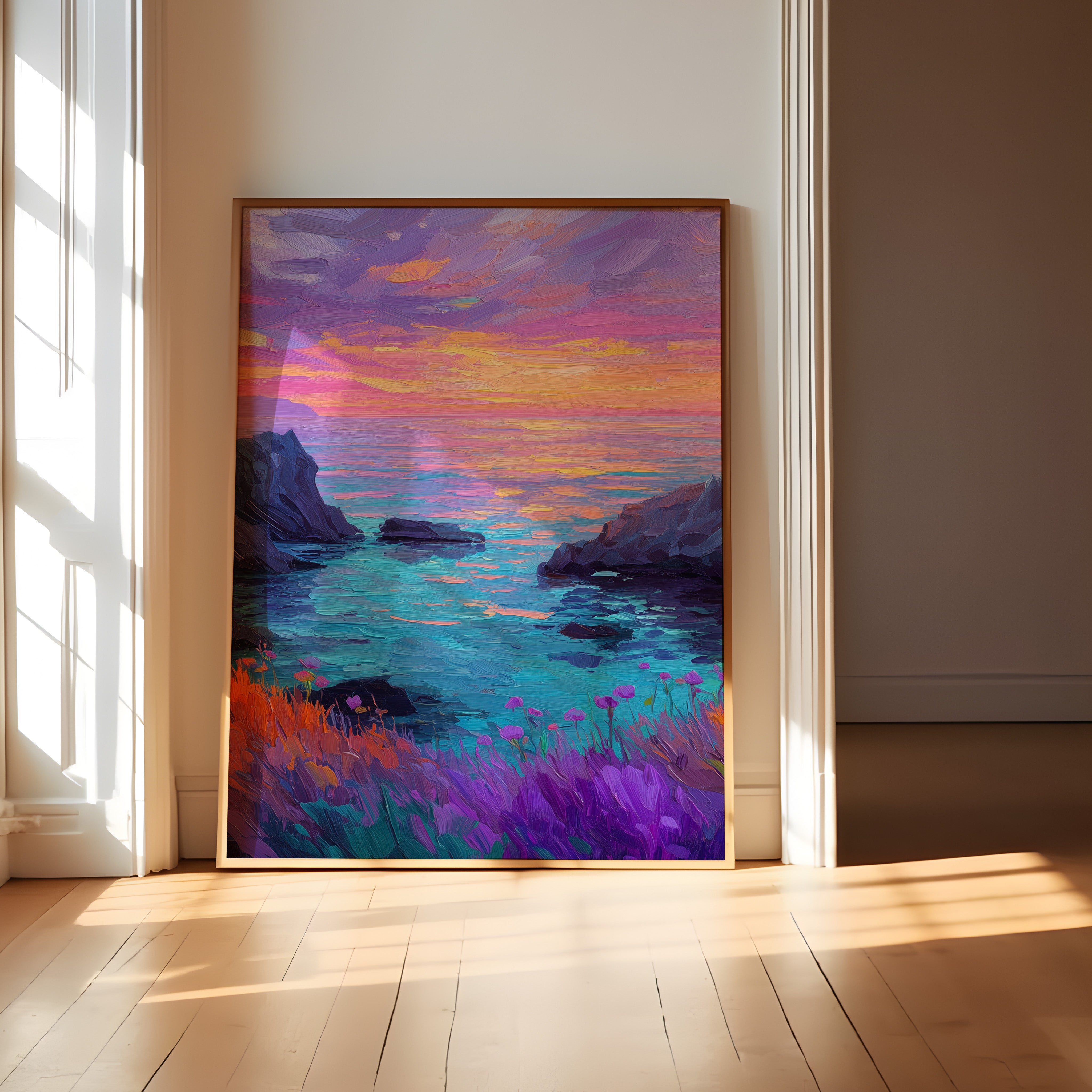 Abstract Coast Wall Art – Vibrant Sunset Print With Impasto Brushstrokes | Adventure Landscape