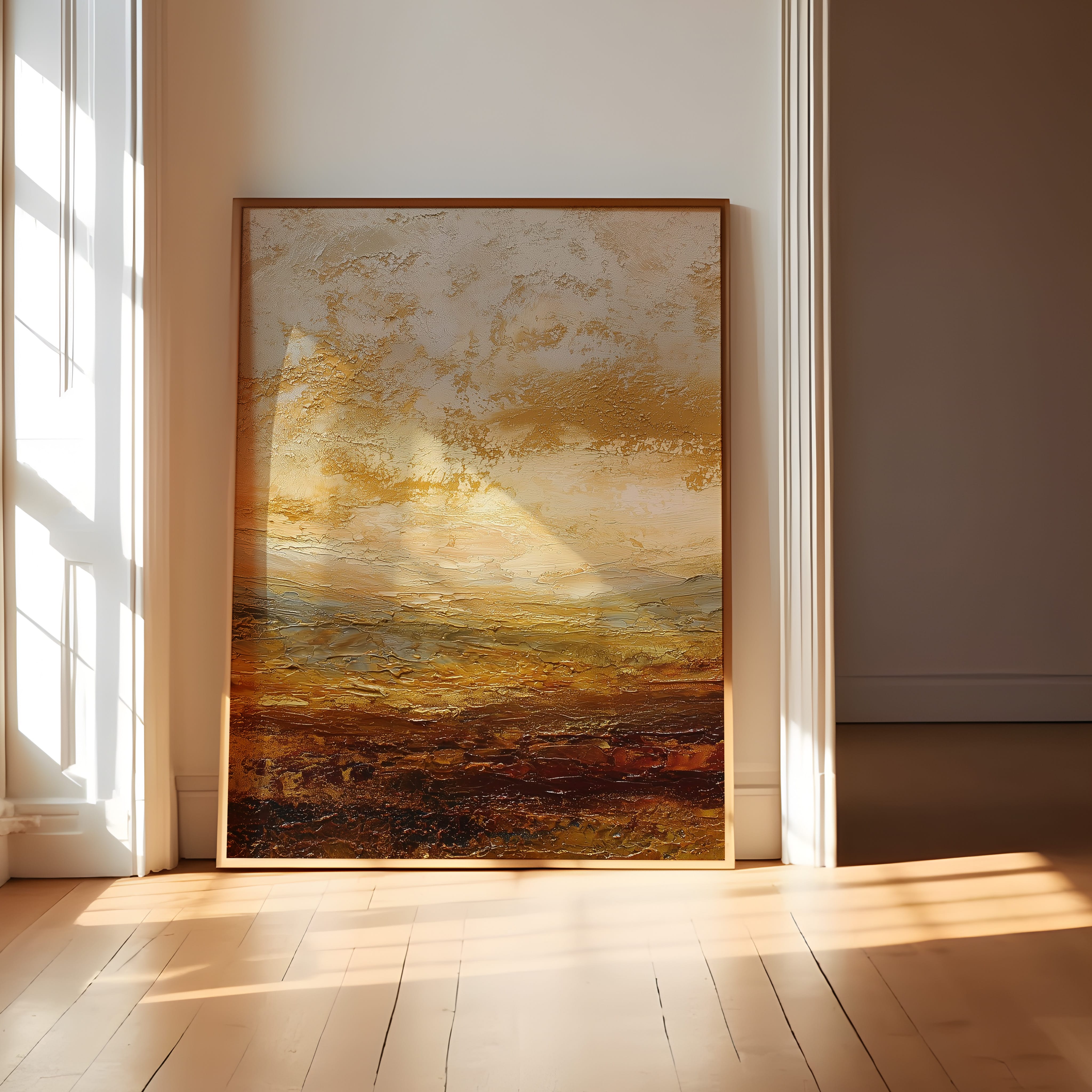Abstract Horizon Wall Art – Burnt Orange Art | Deep Amber Print | Palette Knife Texture